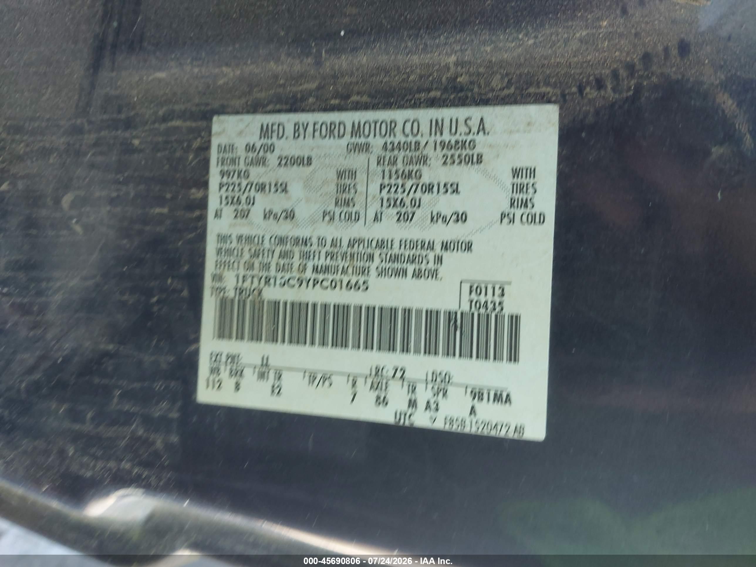 2000 Ford Ranger Xl/xlt Black vin: 1FTYR10C9YPC01665