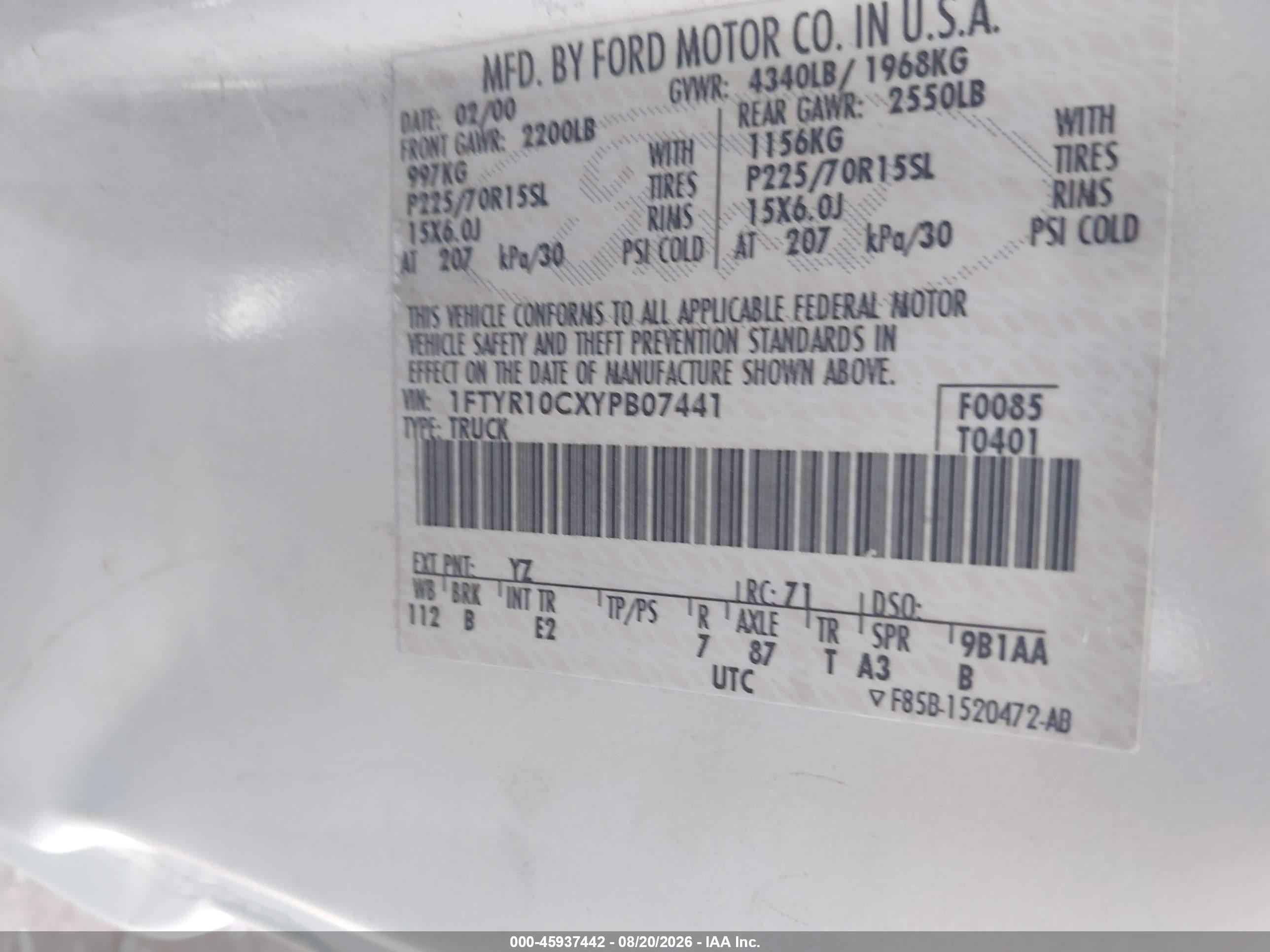2000 Ford Ranger Xl/xlt White vin: 1FTYR10CXYPB07441