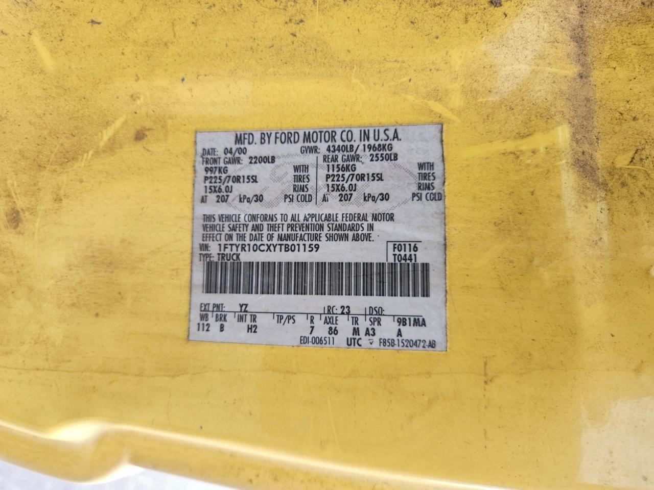 2000 Ford Ranger Yellow vin: 1FTYR10CXYTB01159