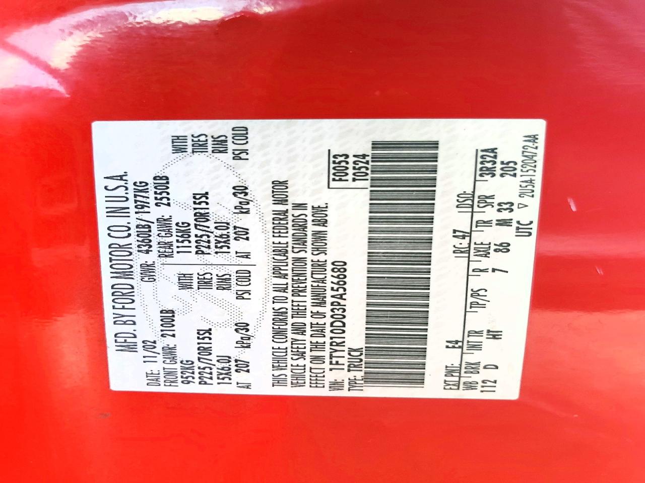 2003 Ford Ranger Red vin: 1FTYR10D03PA56680