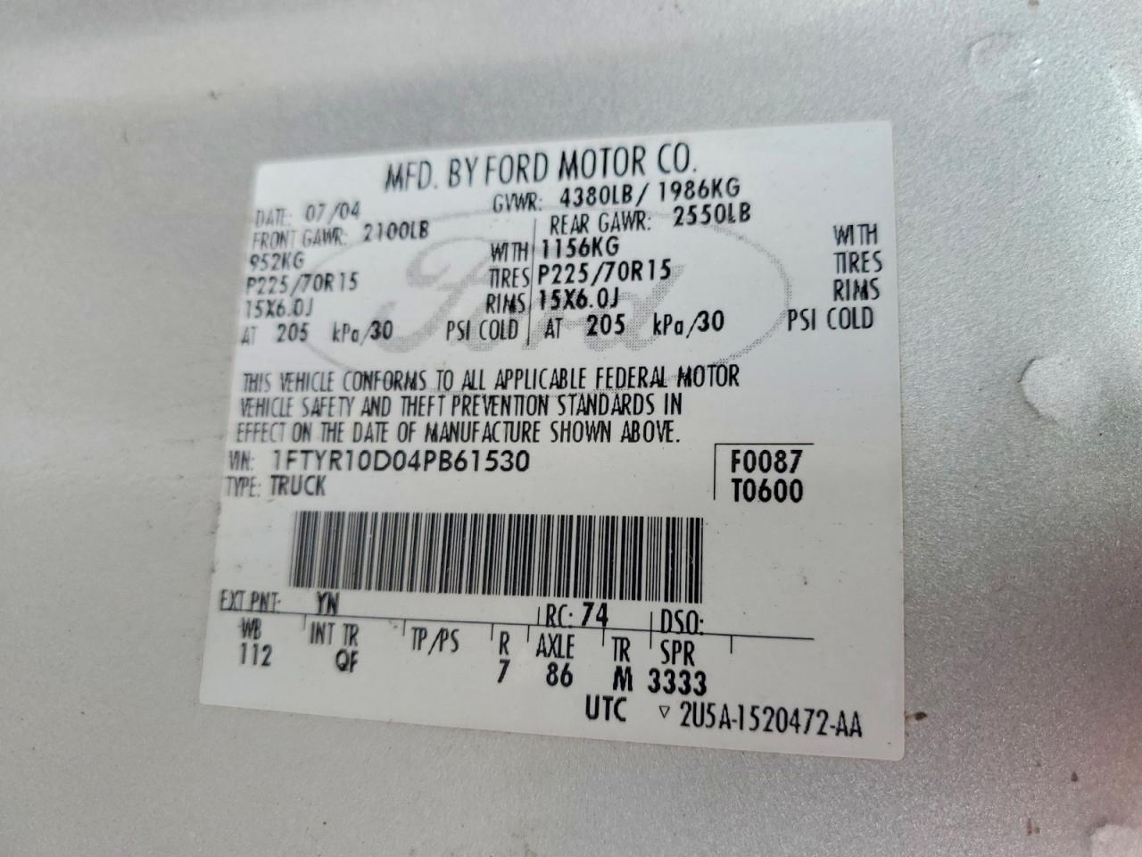 2004 Ford Ranger Silver vin: 1FTYR10D04PB61530