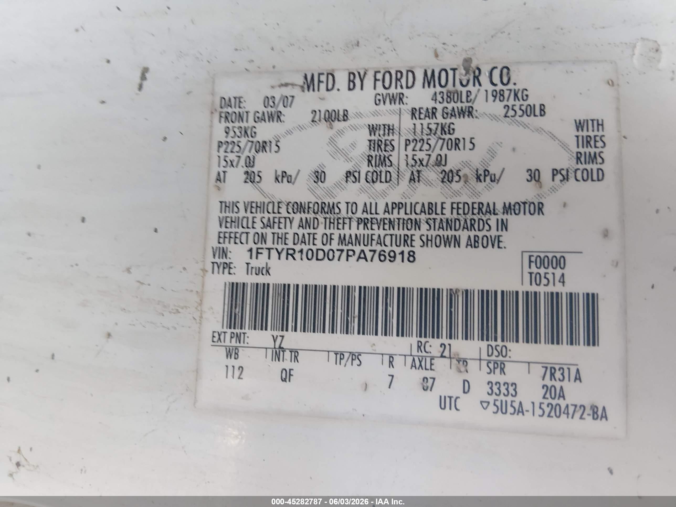 2007 Ford Ranger Stx/xl/xlt White vin: 1FTYR10D07PA76918