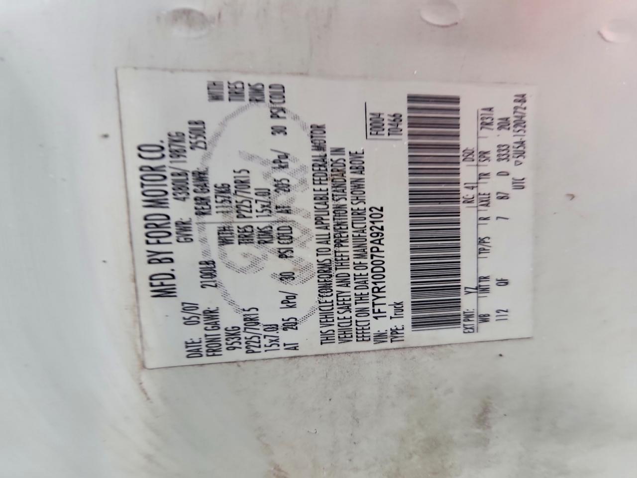 2007 Ford Ranger White vin: 1FTYR10D07PA92102