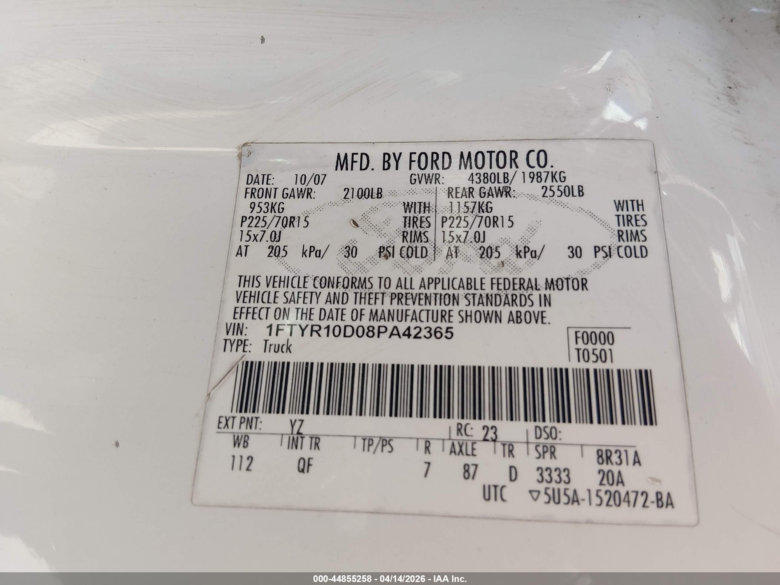 2008 Ford Ranger Xl/xlt White vin: 1FTYR10D08PA42365