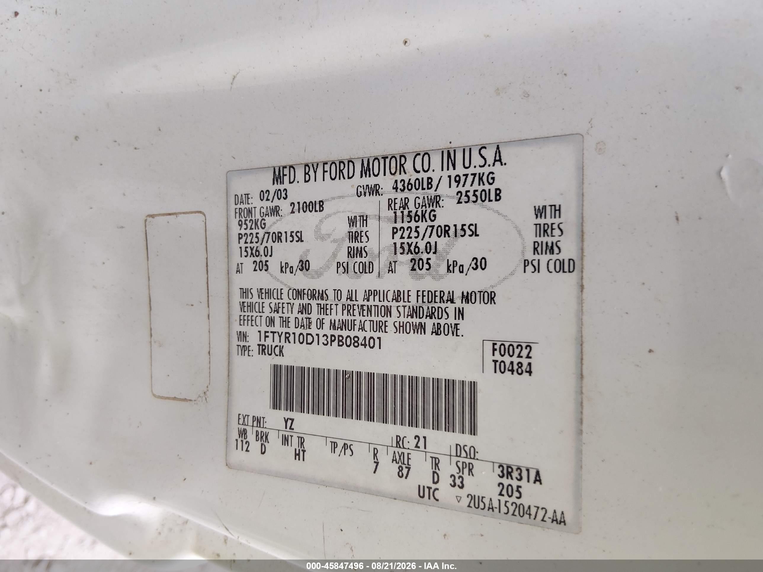 2003 Ford Ranger Xl/xlt White vin: 1FTYR10D13PB08401