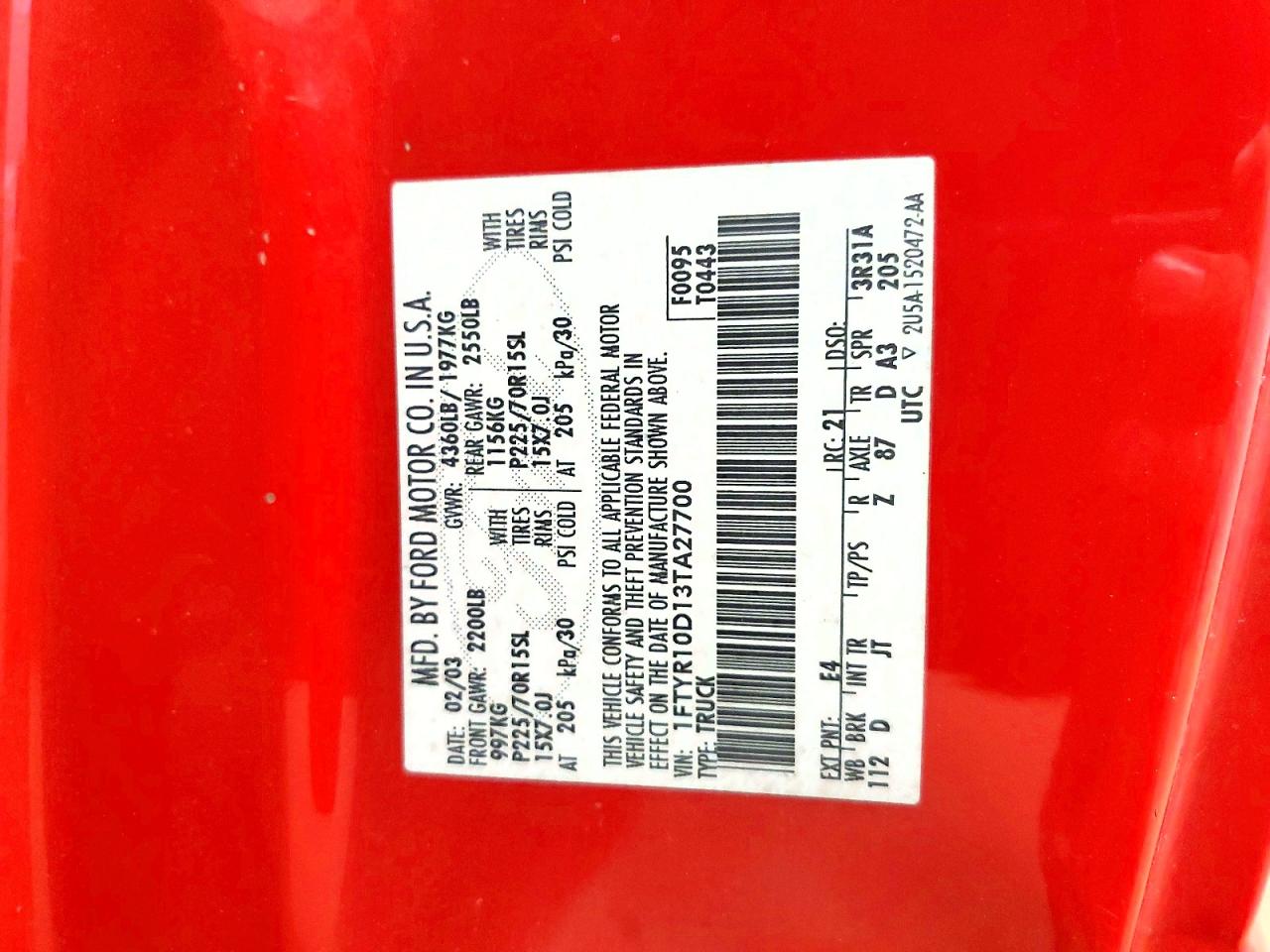2003 Ford Ranger Red vin: 1FTYR10D13TA27700