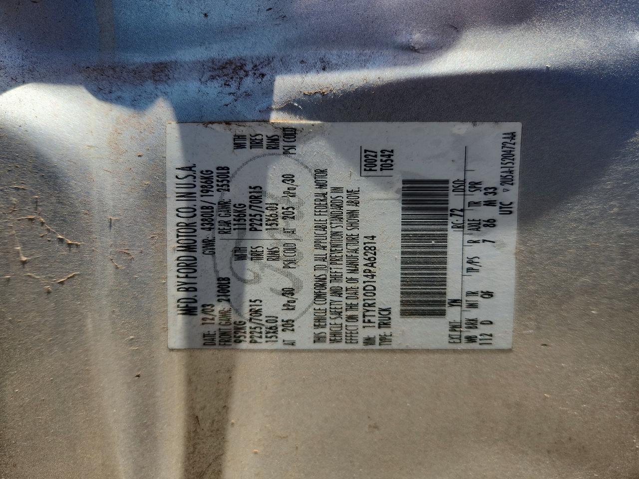 2004 Ford Ranger Silver vin: 1FTYR10D14PA62814