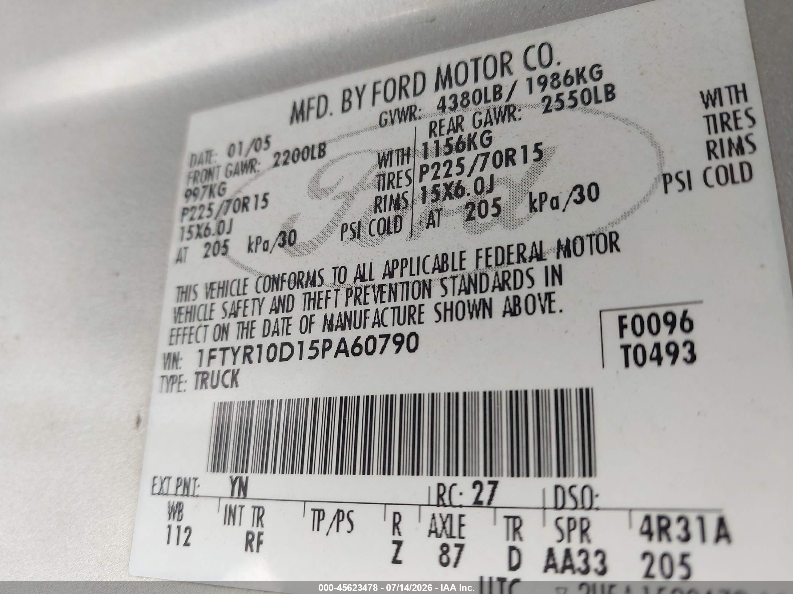 2005 Ford Ranger Xl/xls/xlt Silver vin: 1FTYR10D15PA60790