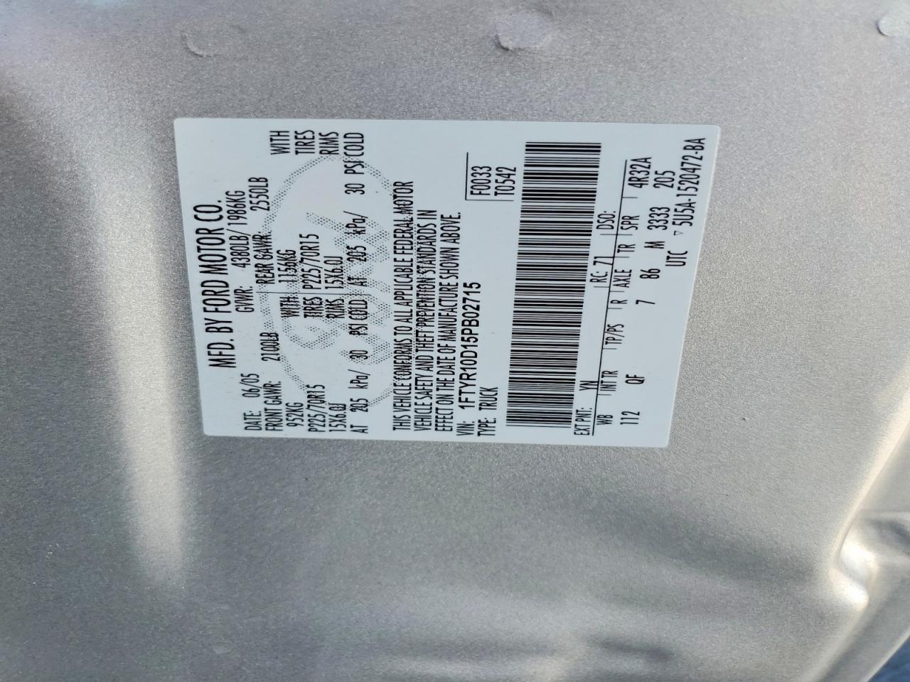 2005 Ford Ranger Silver vin: 1FTYR10D15PB02715