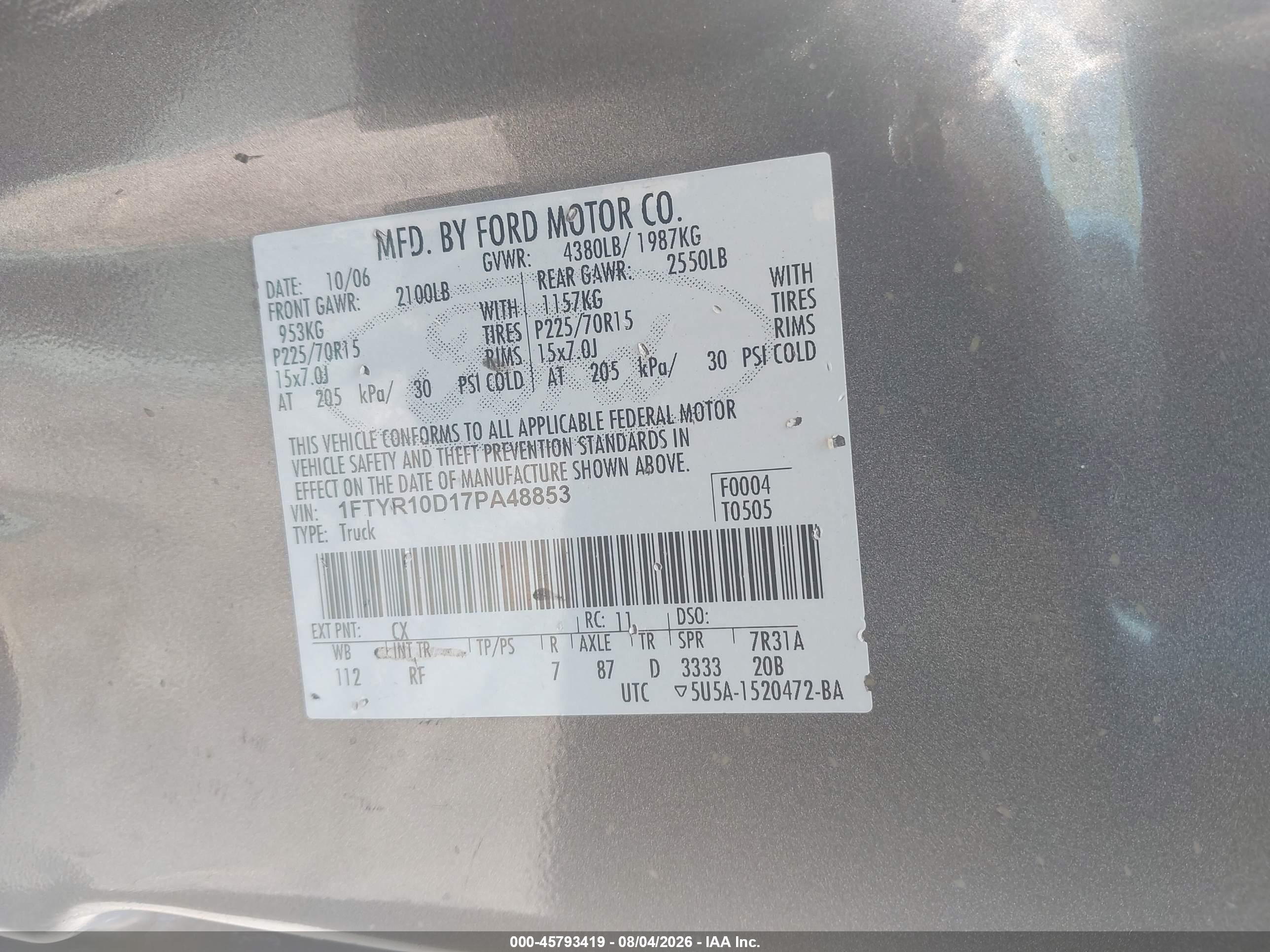 2007 Ford Ranger Stx/xl/xlt Бежевый vin: 1FTYR10D17PA48853