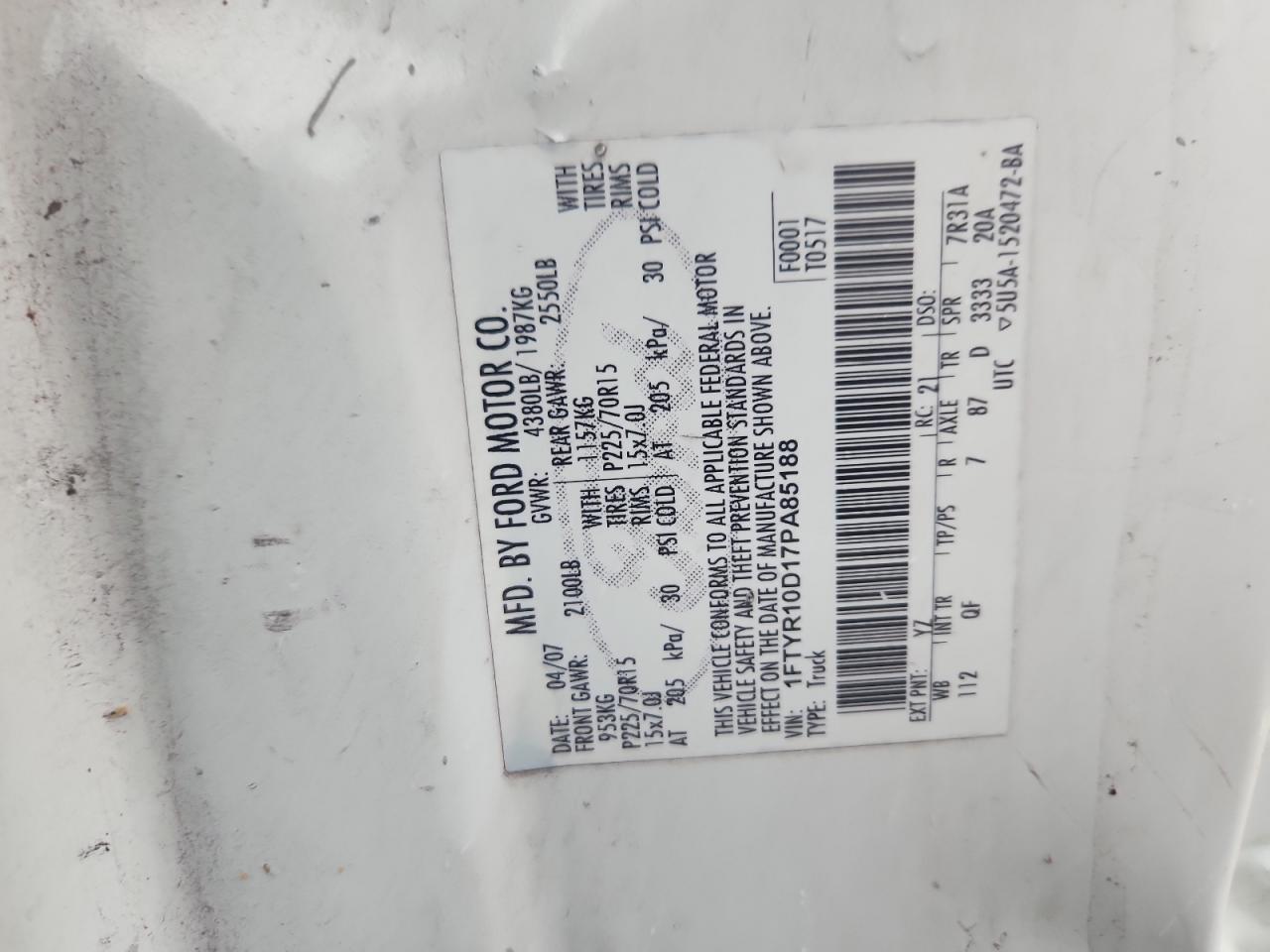 2007 Ford Ranger White vin: 1FTYR10D17PA85188