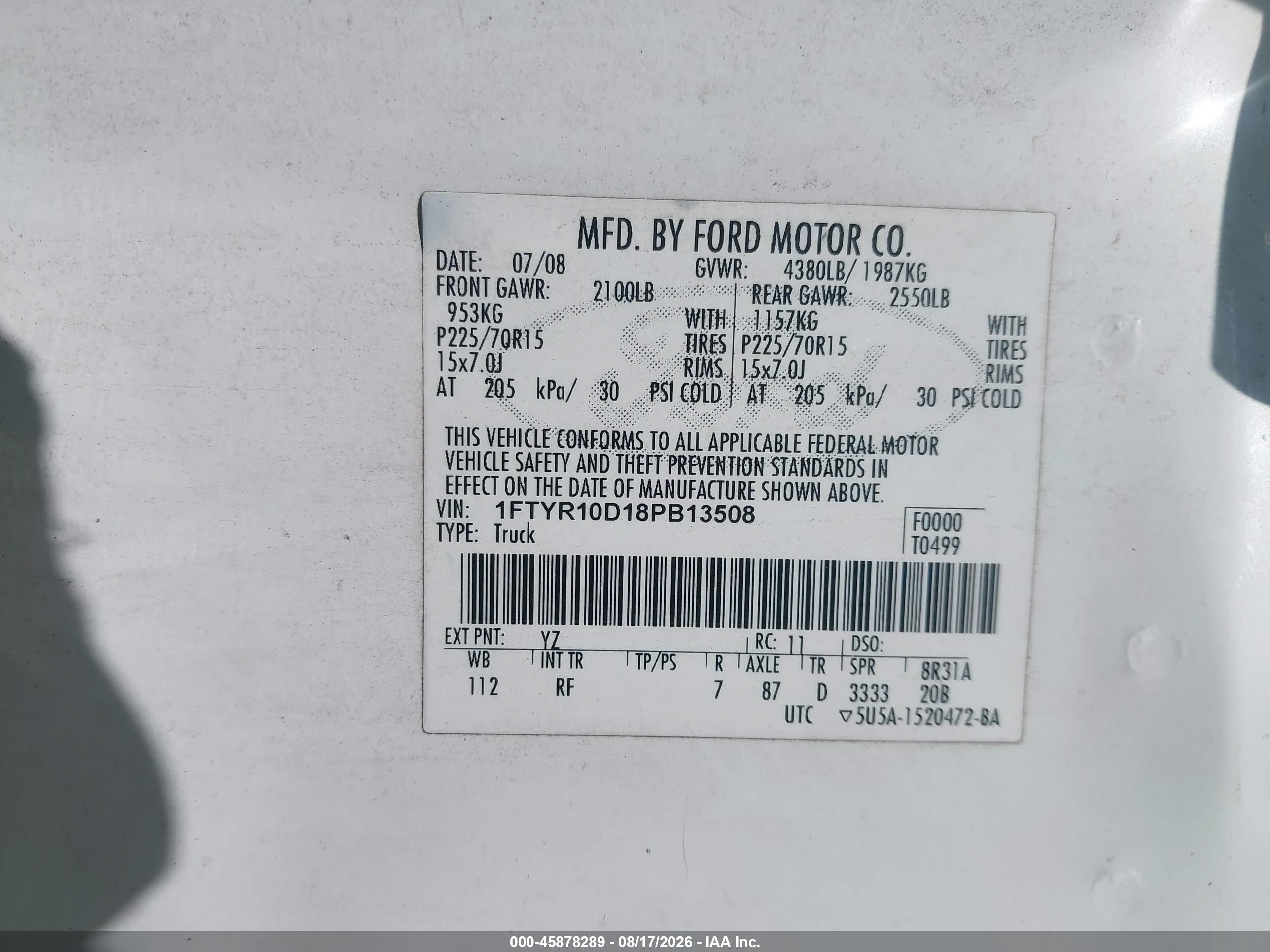 2008 Ford Ranger Xl White vin: 1FTYR10D18PB13508