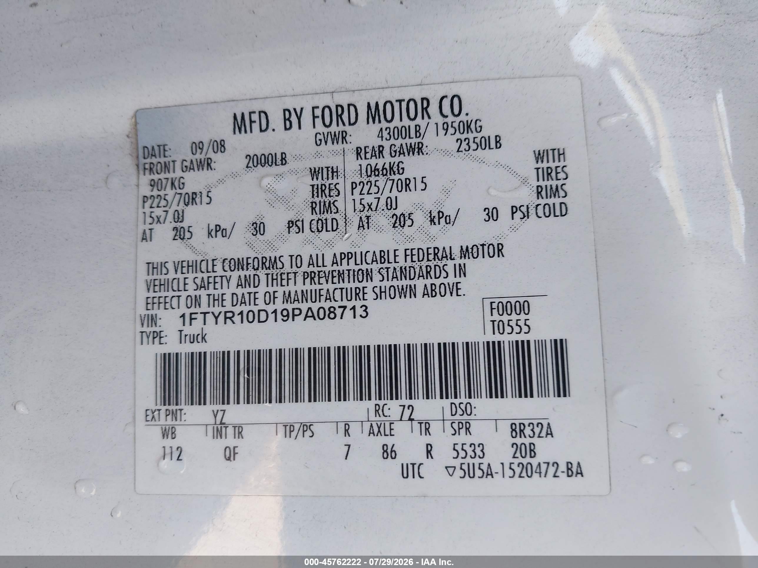2009 Ford Ranger Sport/xl/xlt White vin: 1FTYR10D19PA08713