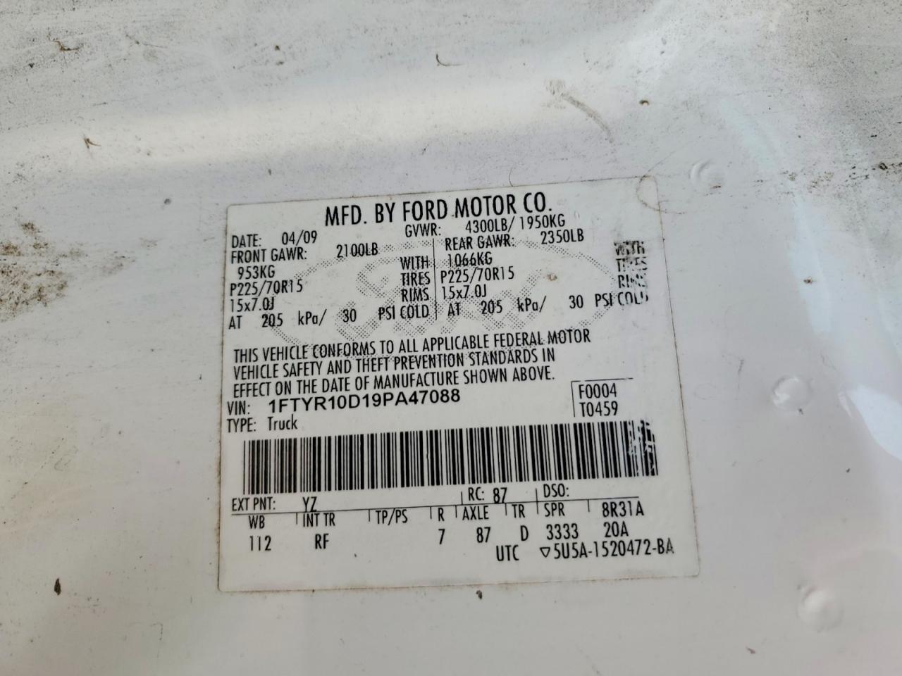 2009 Ford Ranger White vin: 1FTYR10D19PA47088