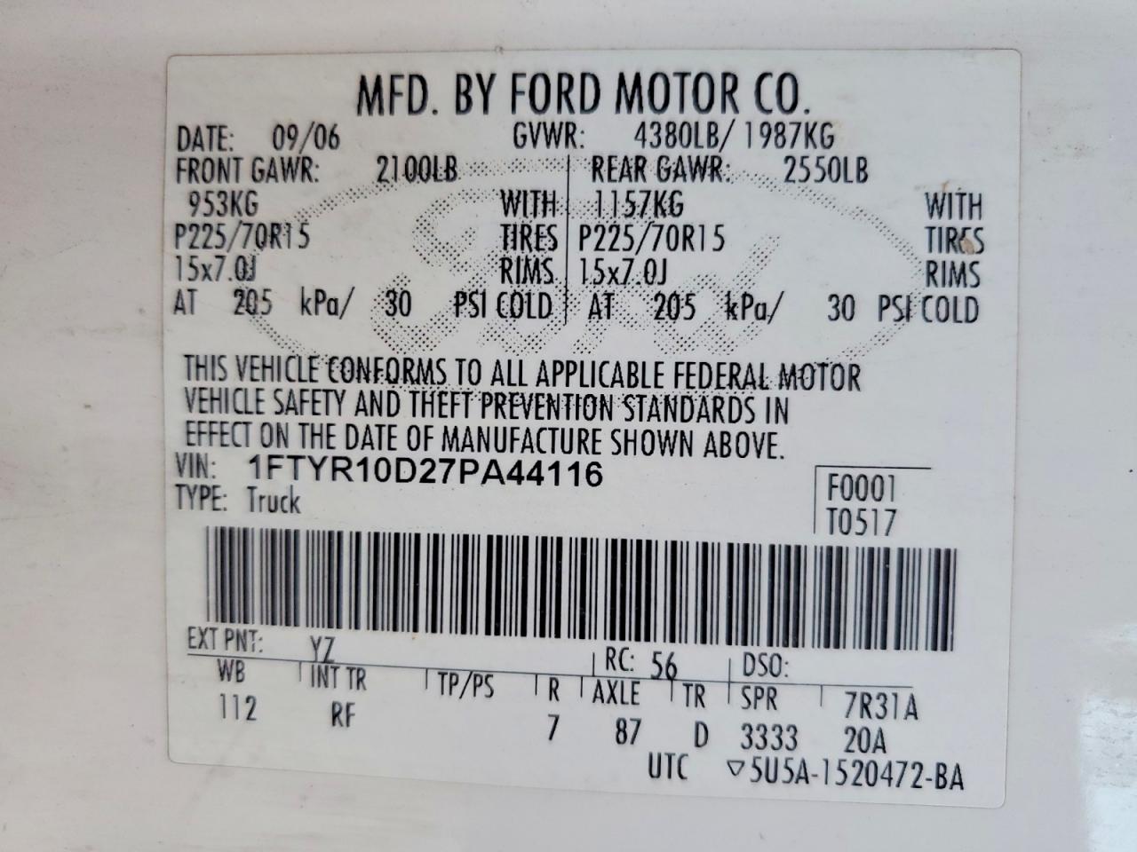 2007 Ford Ranger White vin: 1FTYR10D27PA44116