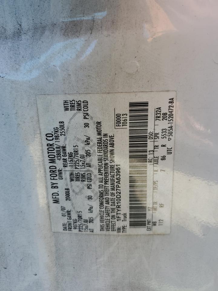 2007 Ford Ranger White vin: 1FTYR10D27PA63961