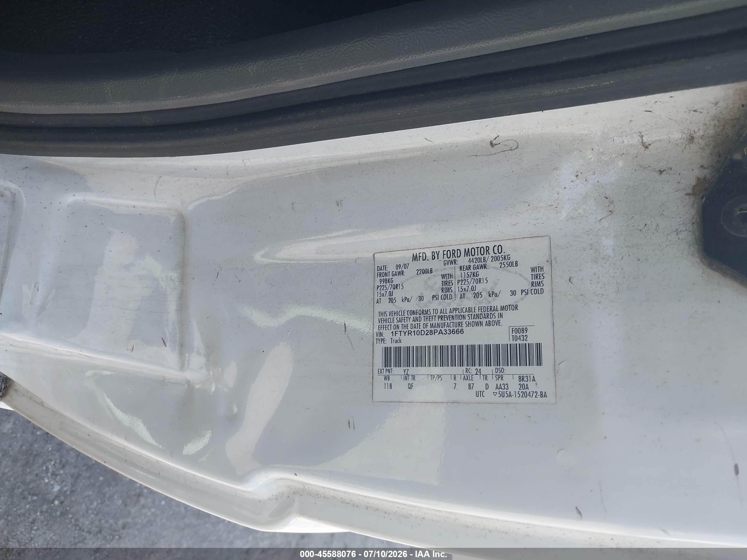 2008 Ford Ranger Xl White vin: 1FTYR10D28PA33666