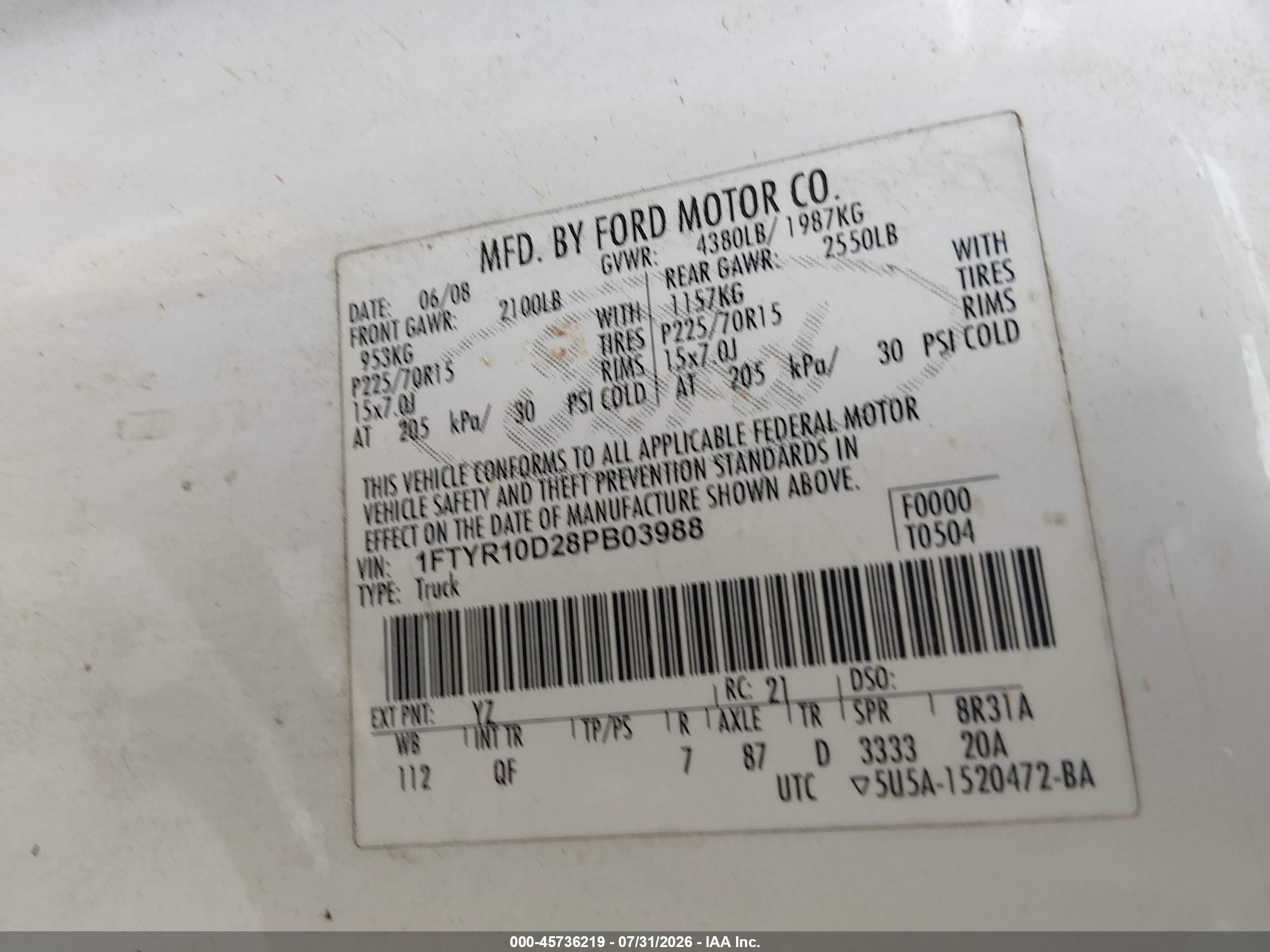 2008 Ford Ranger Xl/xlt White vin: 1FTYR10D28PB03988