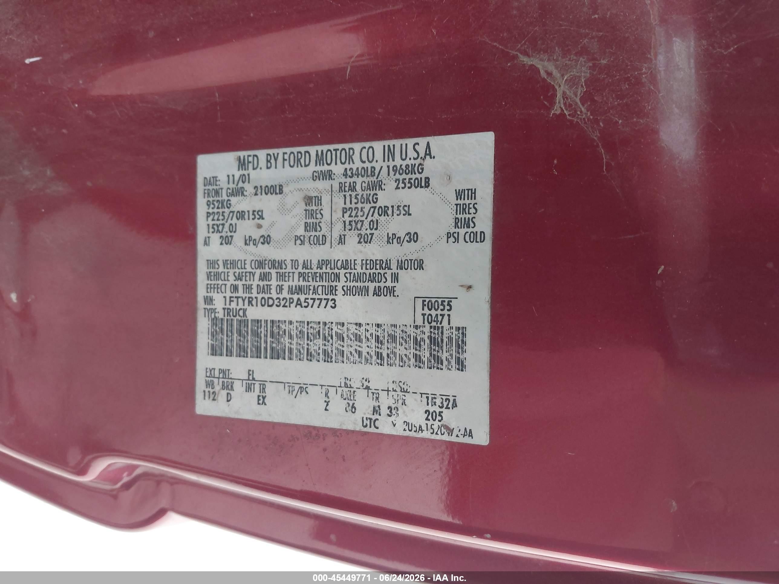 2002 Ford Ranger Xl/xlt Burgundy vin: 1FTYR10D32PA57773