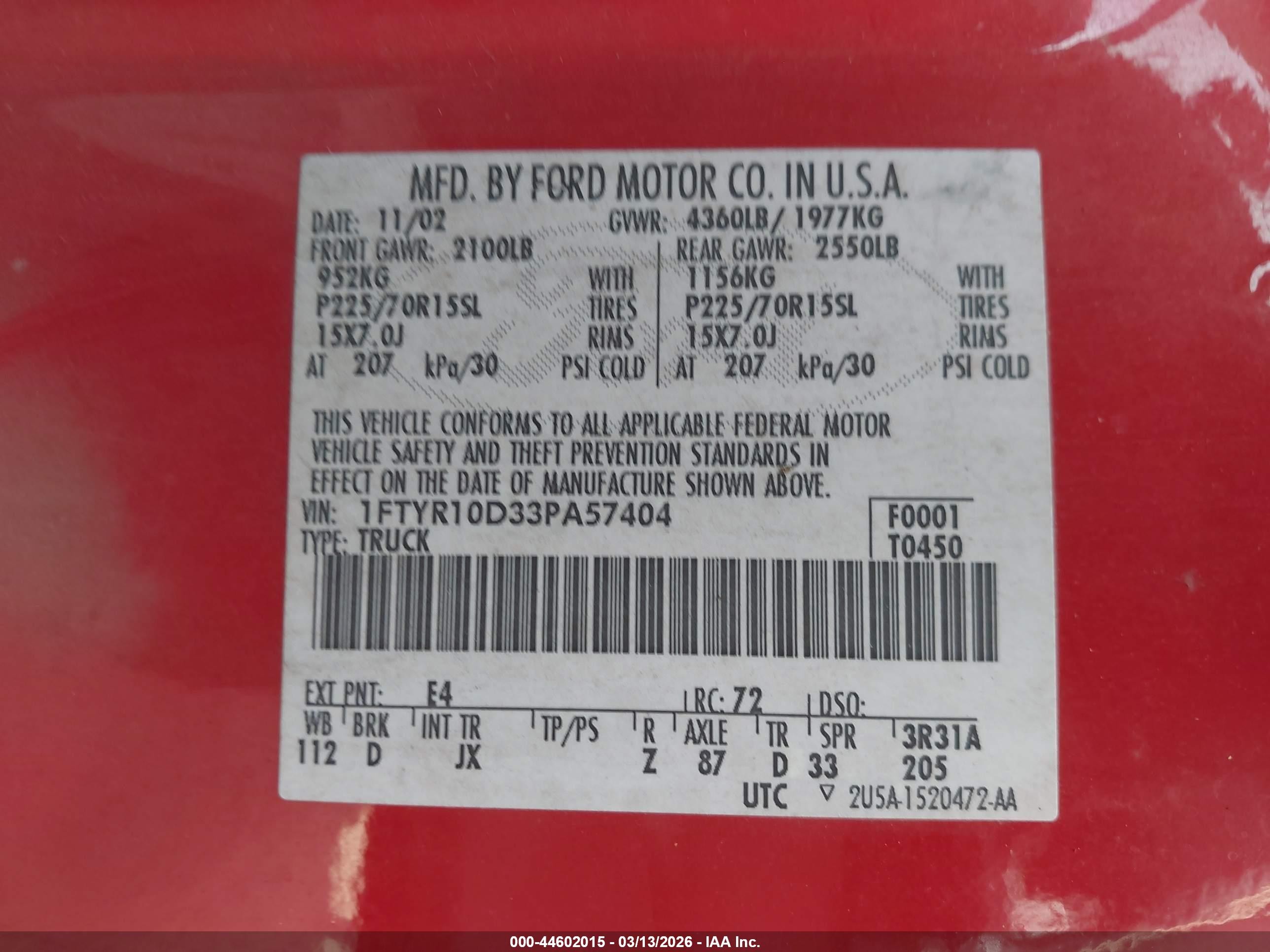2003 Ford Ranger Xl/xlt Red vin: 1FTYR10D33PA57404