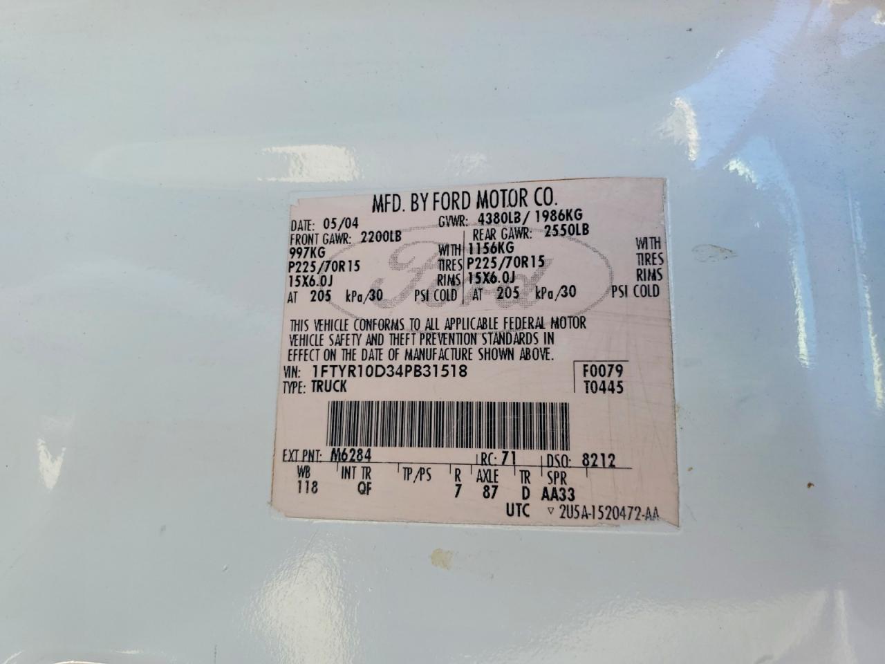 2004 Ford Ranger White vin: 1FTYR10D34PB31518