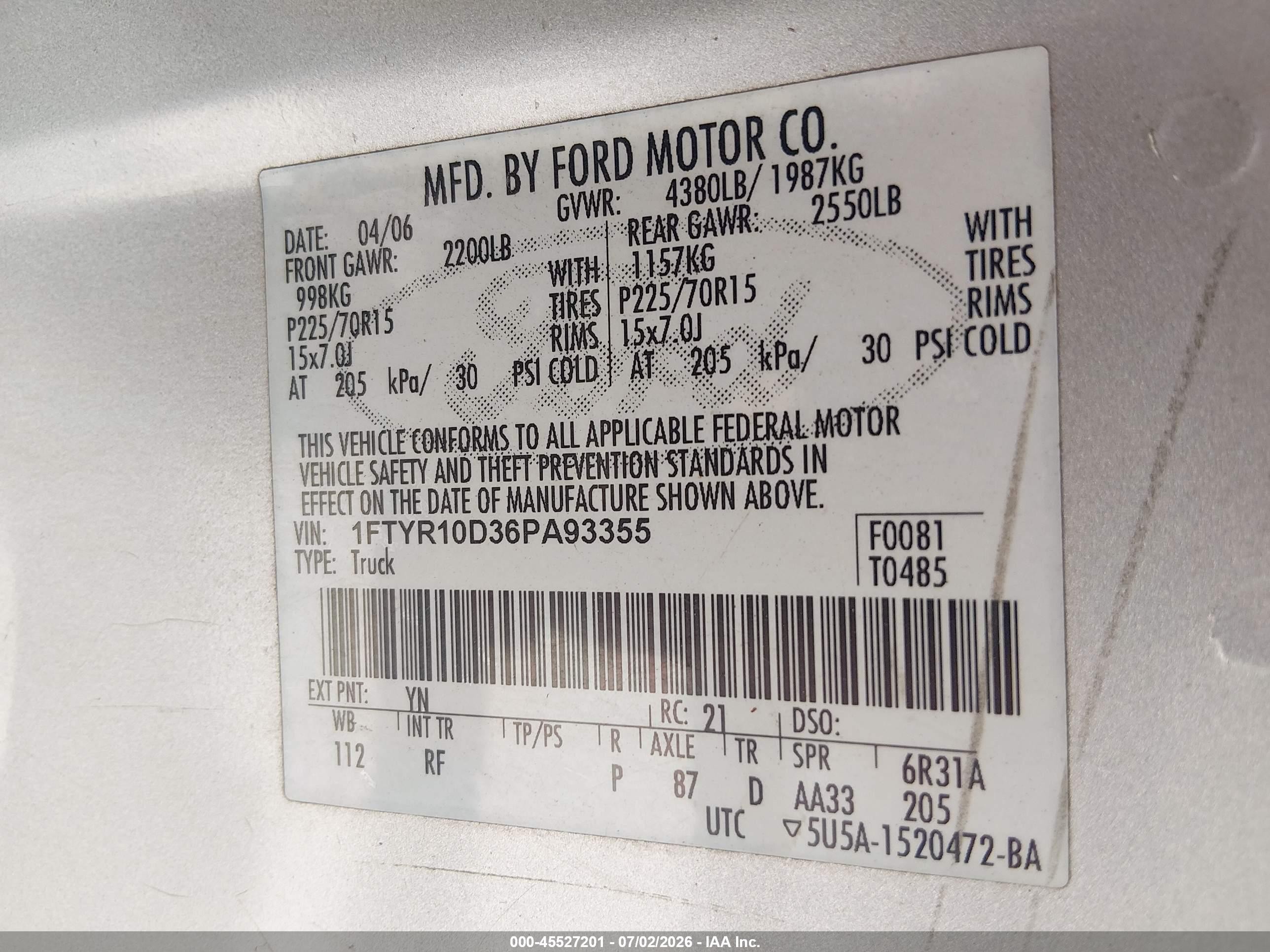 2006 Ford Ranger Xl/xlt Silver vin: 1FTYR10D36PA93355