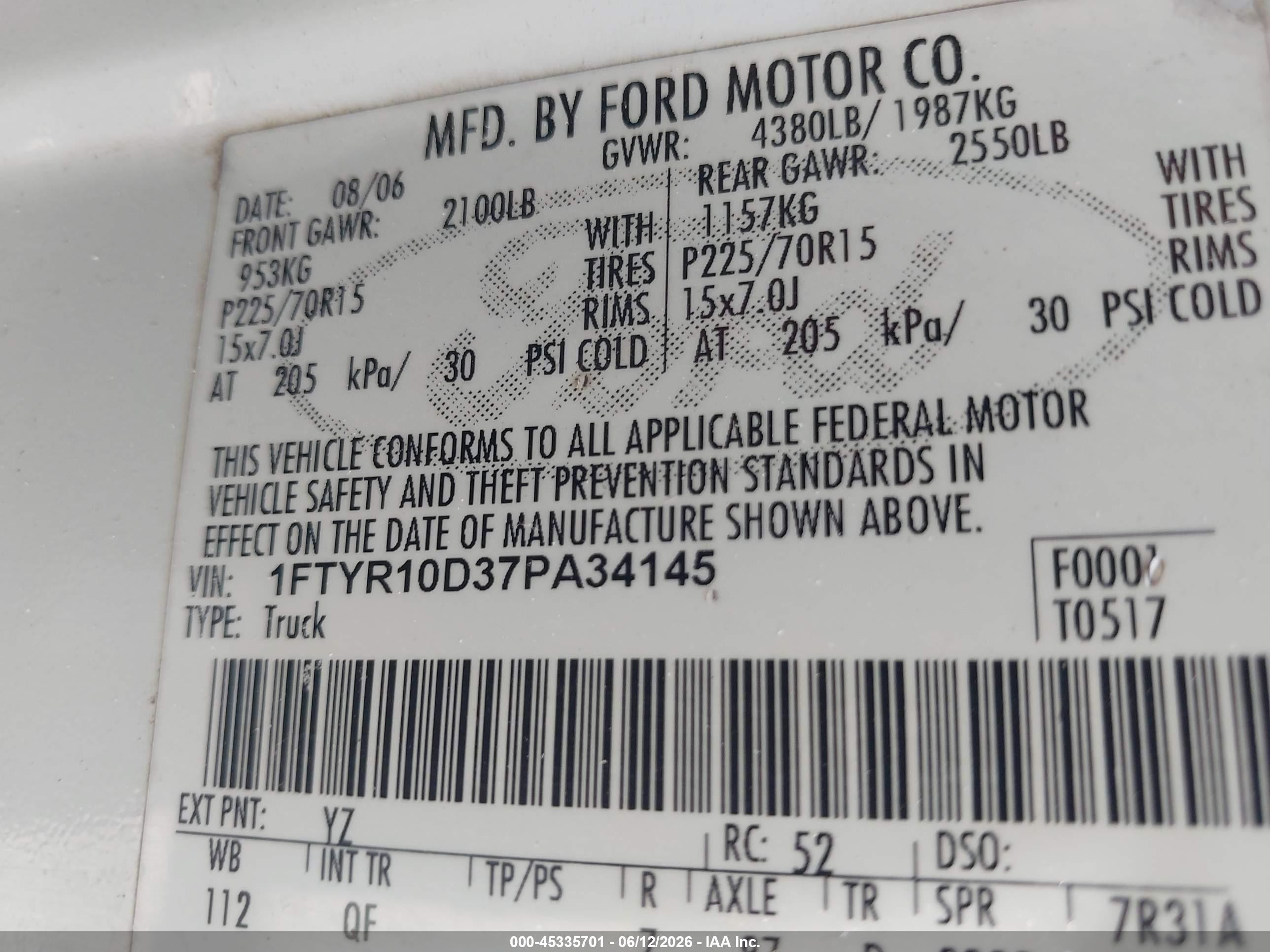 2007 Ford Ranger Stx/xl/xlt White vin: 1FTYR10D37PA34145