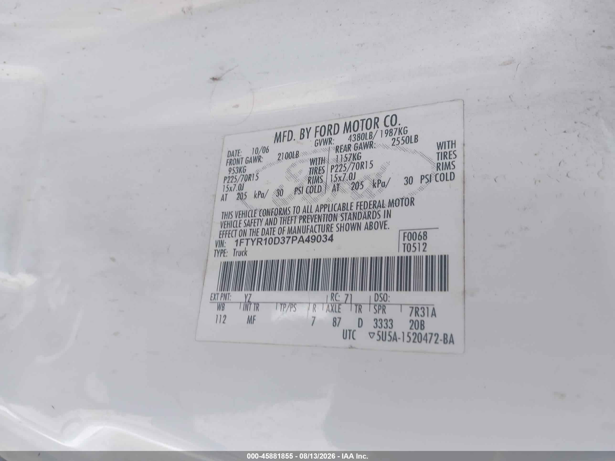 2007 Ford Ranger Stx/xl/xlt White vin: 1FTYR10D37PA49034