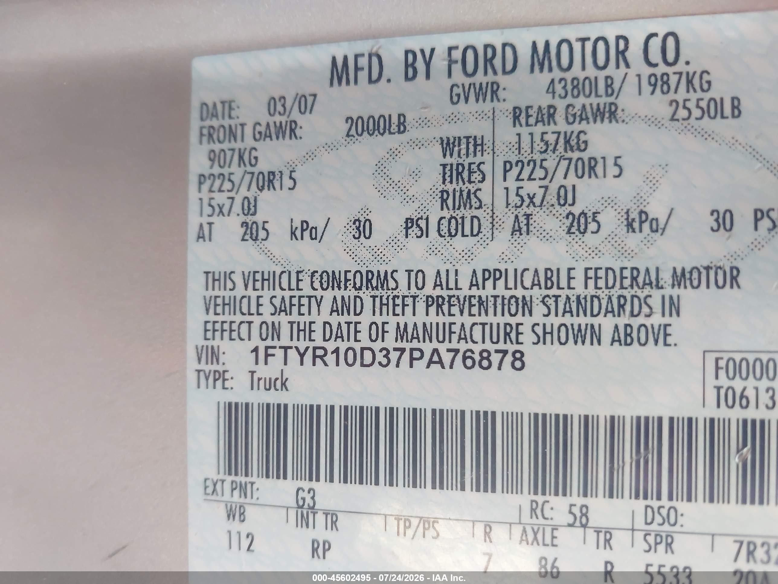 2007 Ford Ranger Stx/xl/xlt Light Blue vin: 1FTYR10D37PA76878