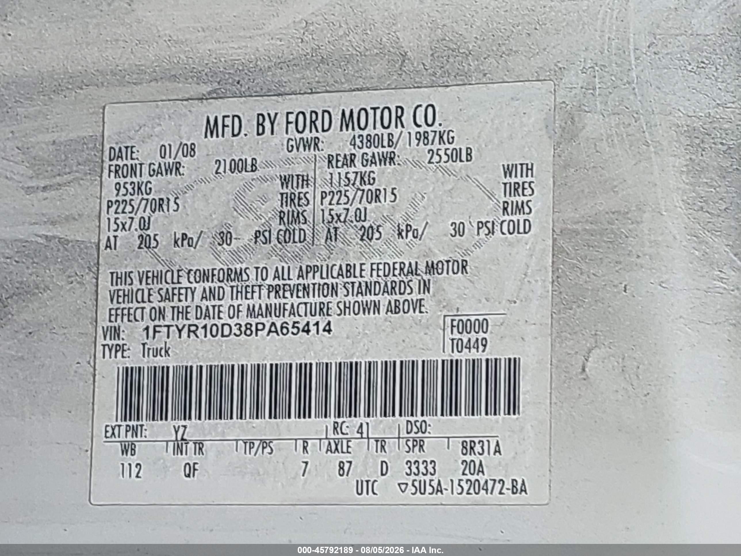 2008 Ford Ranger Xl/xlt White vin: 1FTYR10D38PA65414
