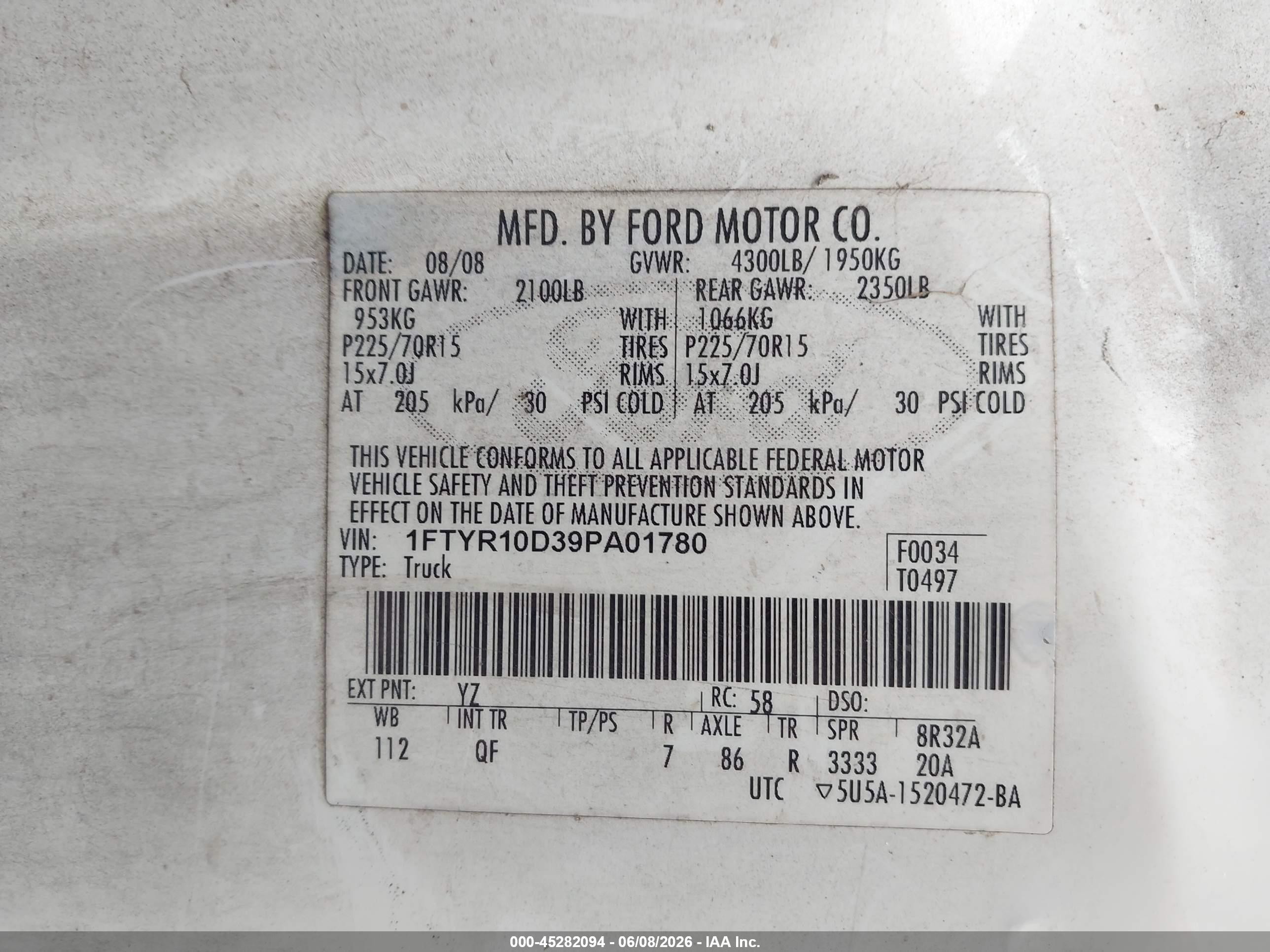2009 Ford Ranger Sport/xl/xlt White vin: 1FTYR10D39PA01780