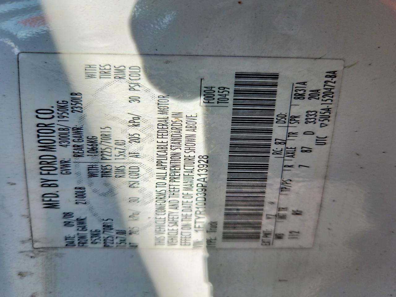 2009 Ford Ranger White vin: 1FTYR10D39PA13928