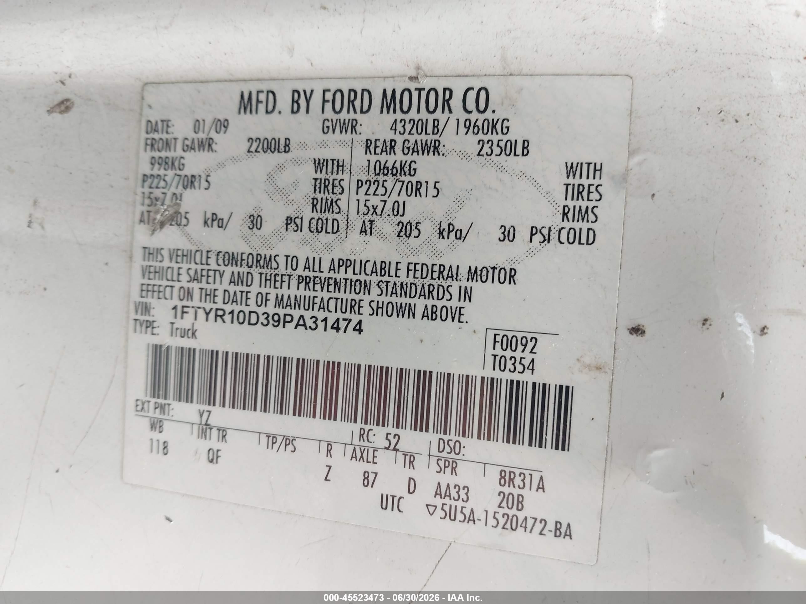 2009 Ford Ranger Sport/xl/xlt White vin: 1FTYR10D39PA31474