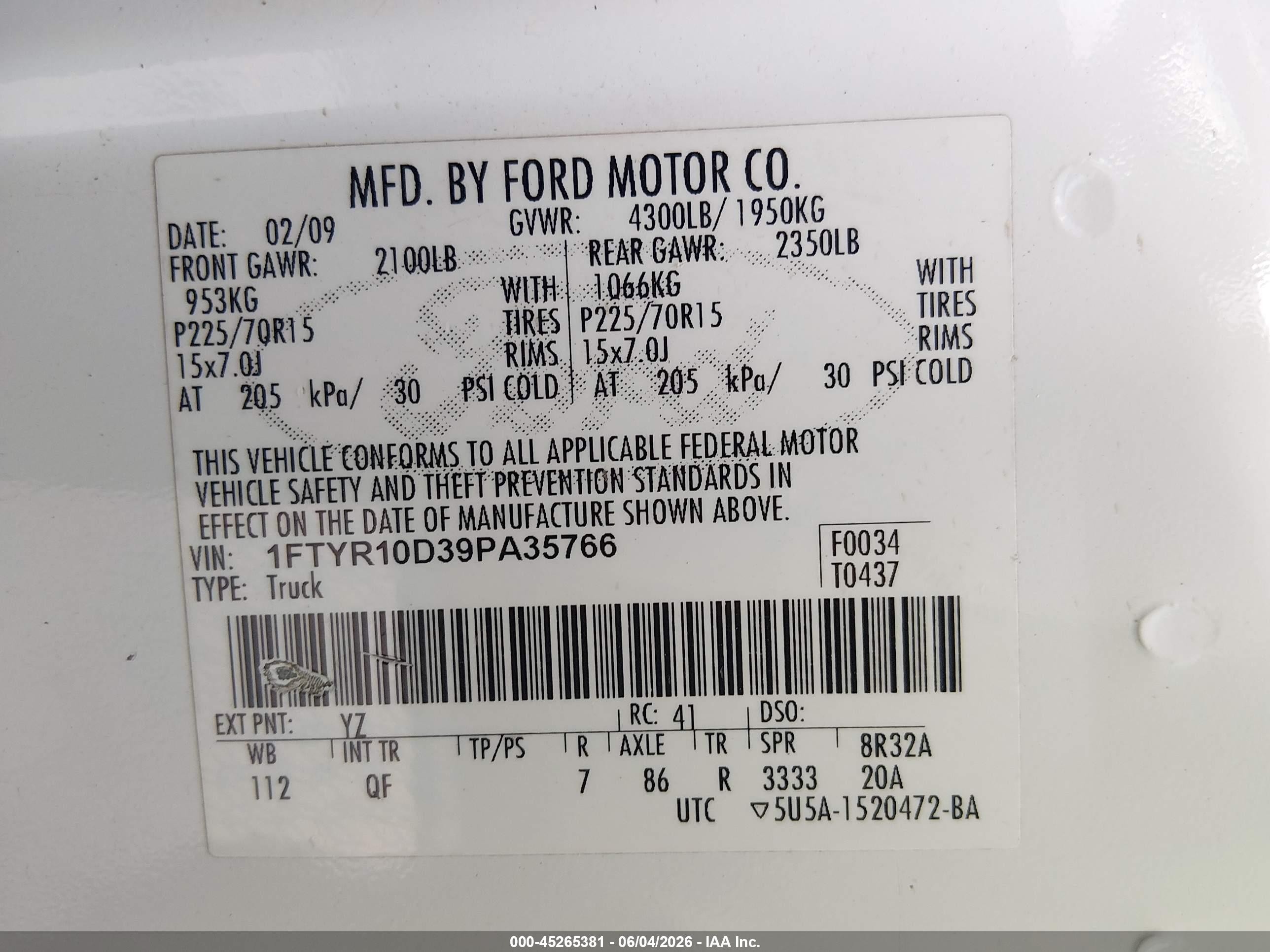 2009 Ford Ranger Xl Белый vin: 1FTYR10D39PA35766
