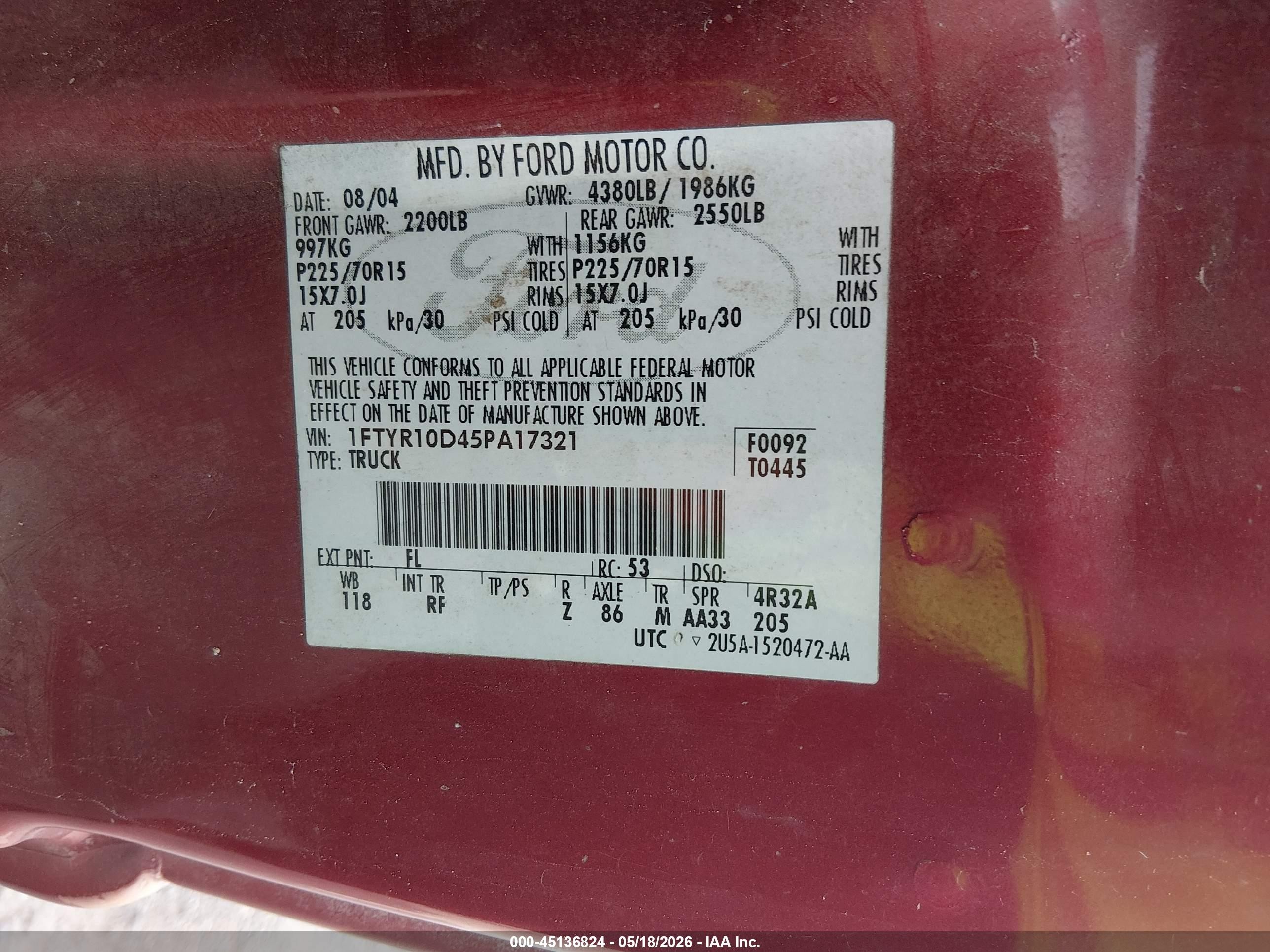 2005 Ford Ranger Xl/xls/xlt Red vin: 1FTYR10D45PA17321