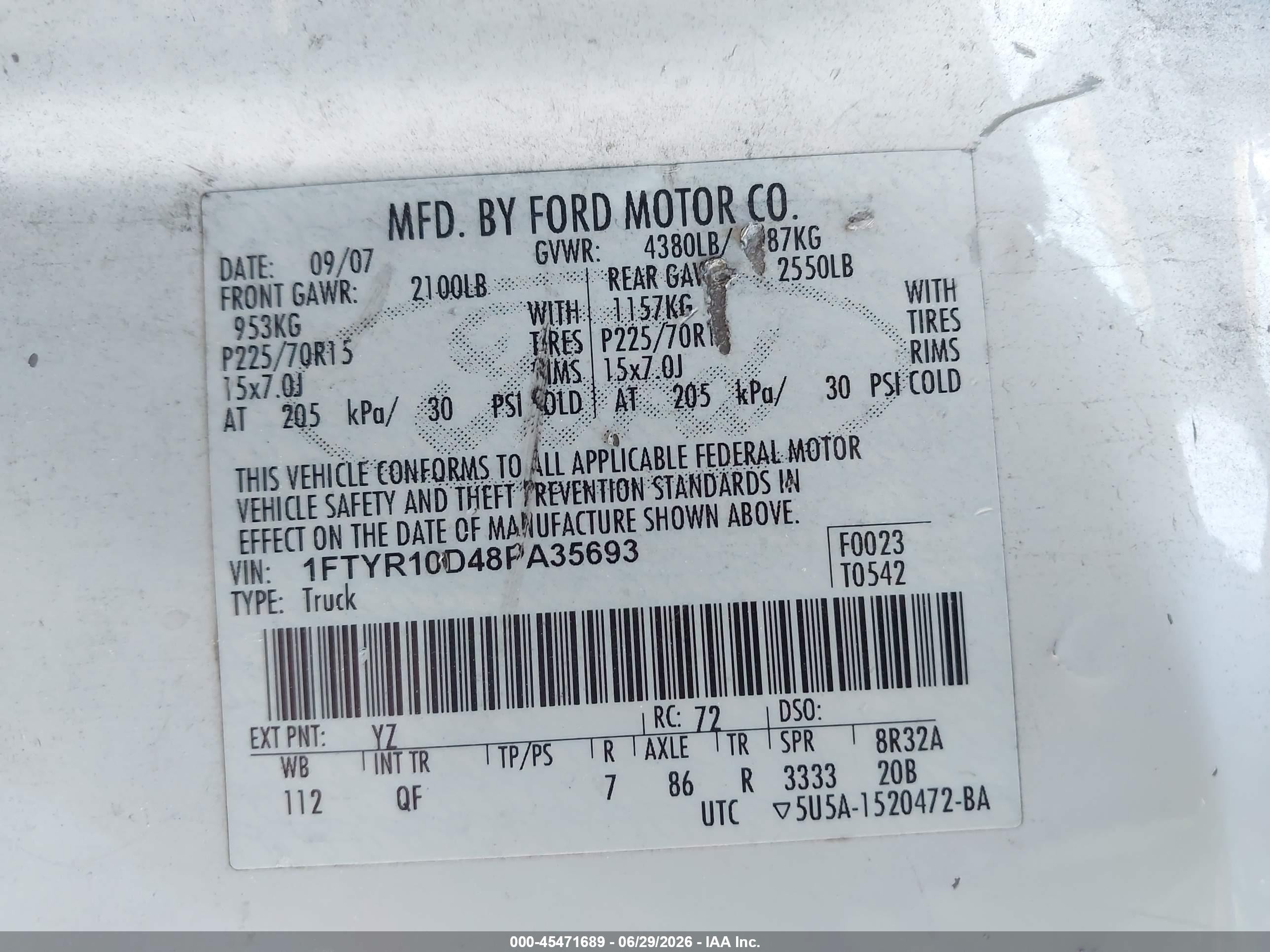 2008 Ford Ranger Xl/xlt White vin: 1FTYR10D48PA35693