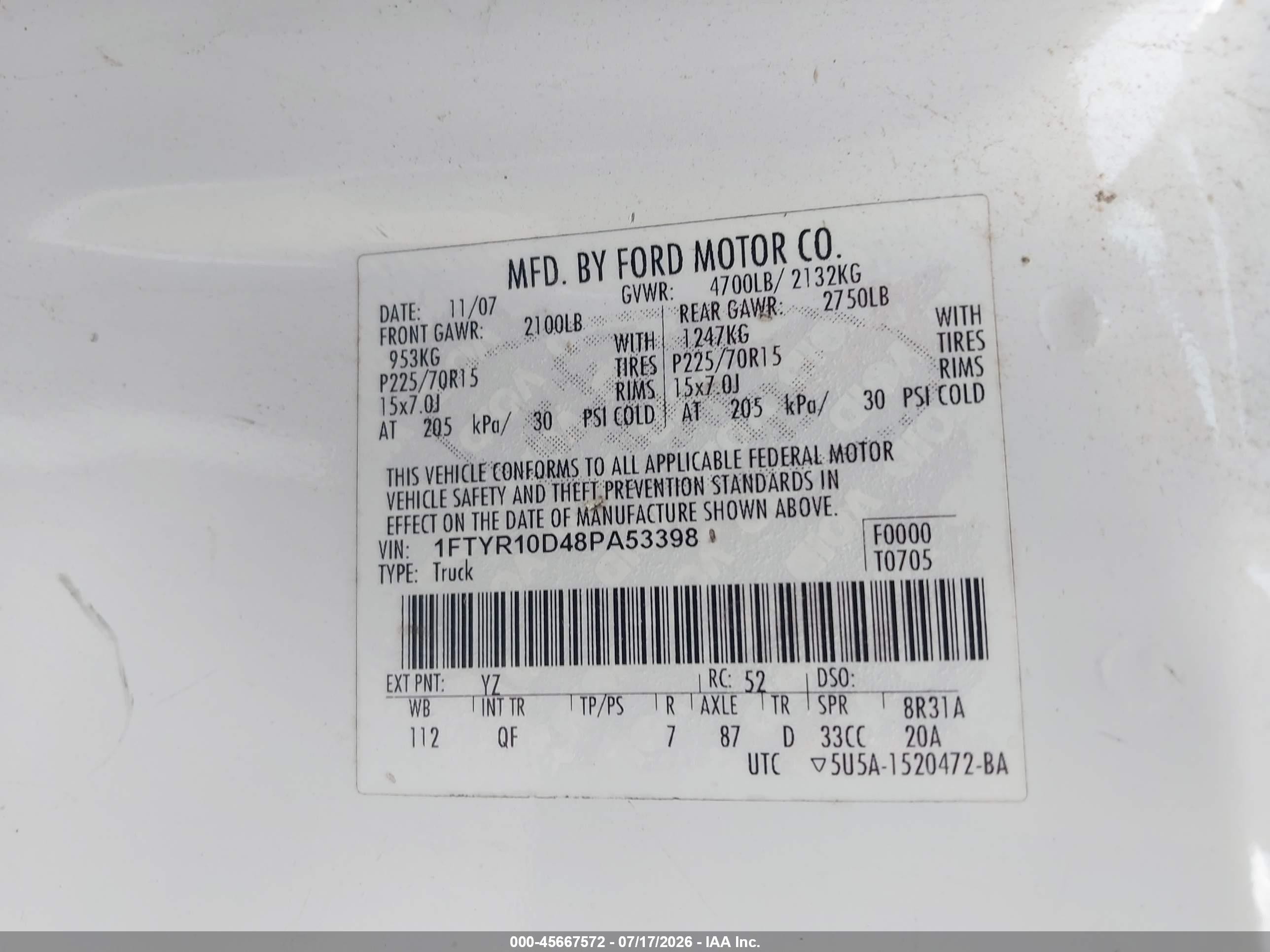 2008 Ford Ranger Xl/xlt White vin: 1FTYR10D48PA53398