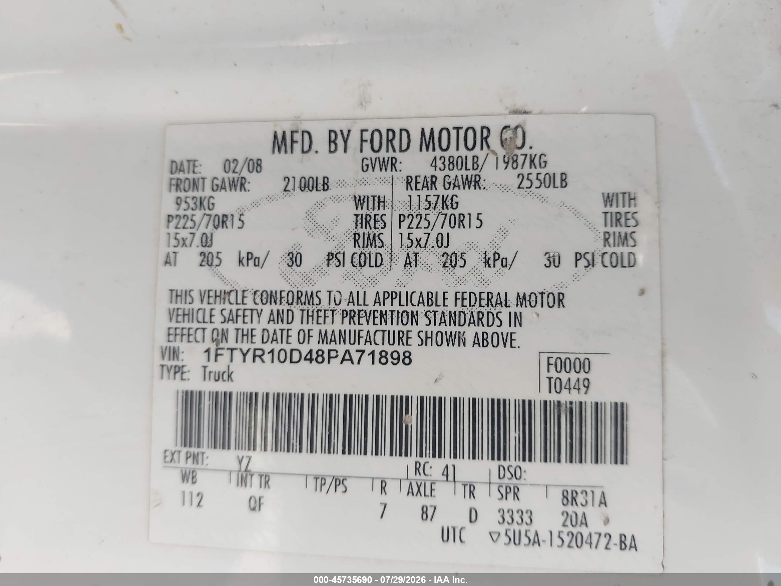 2008 Ford Ranger Xl/xlt White vin: 1FTYR10D48PA71898