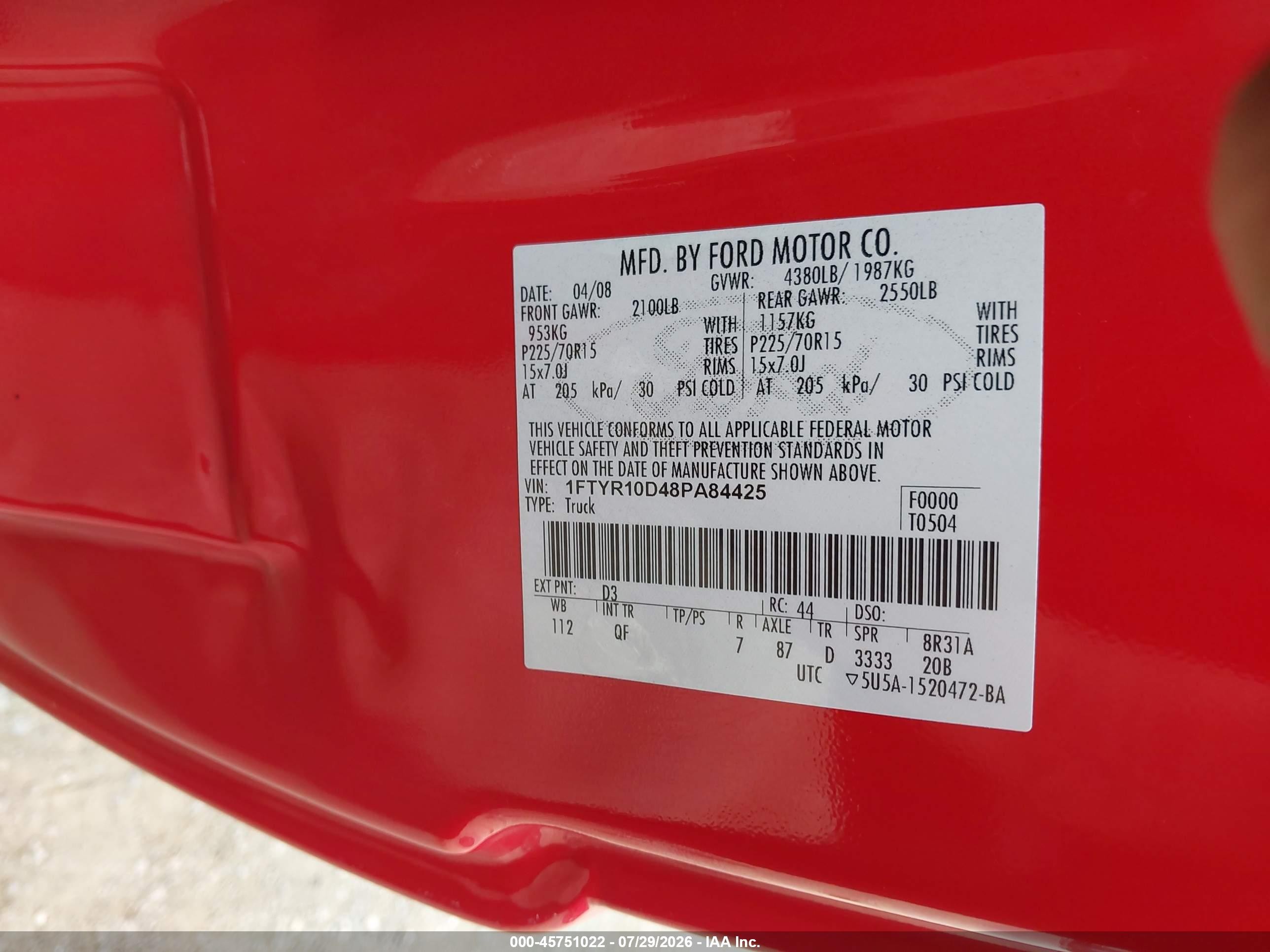 2008 Ford Ranger Xl/xlt Red vin: 1FTYR10D48PA84425