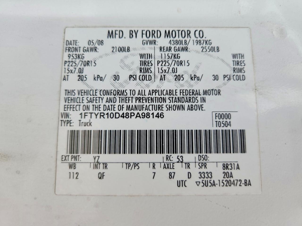 2008 Ford Ranger White vin: 1FTYR10D48PA98146