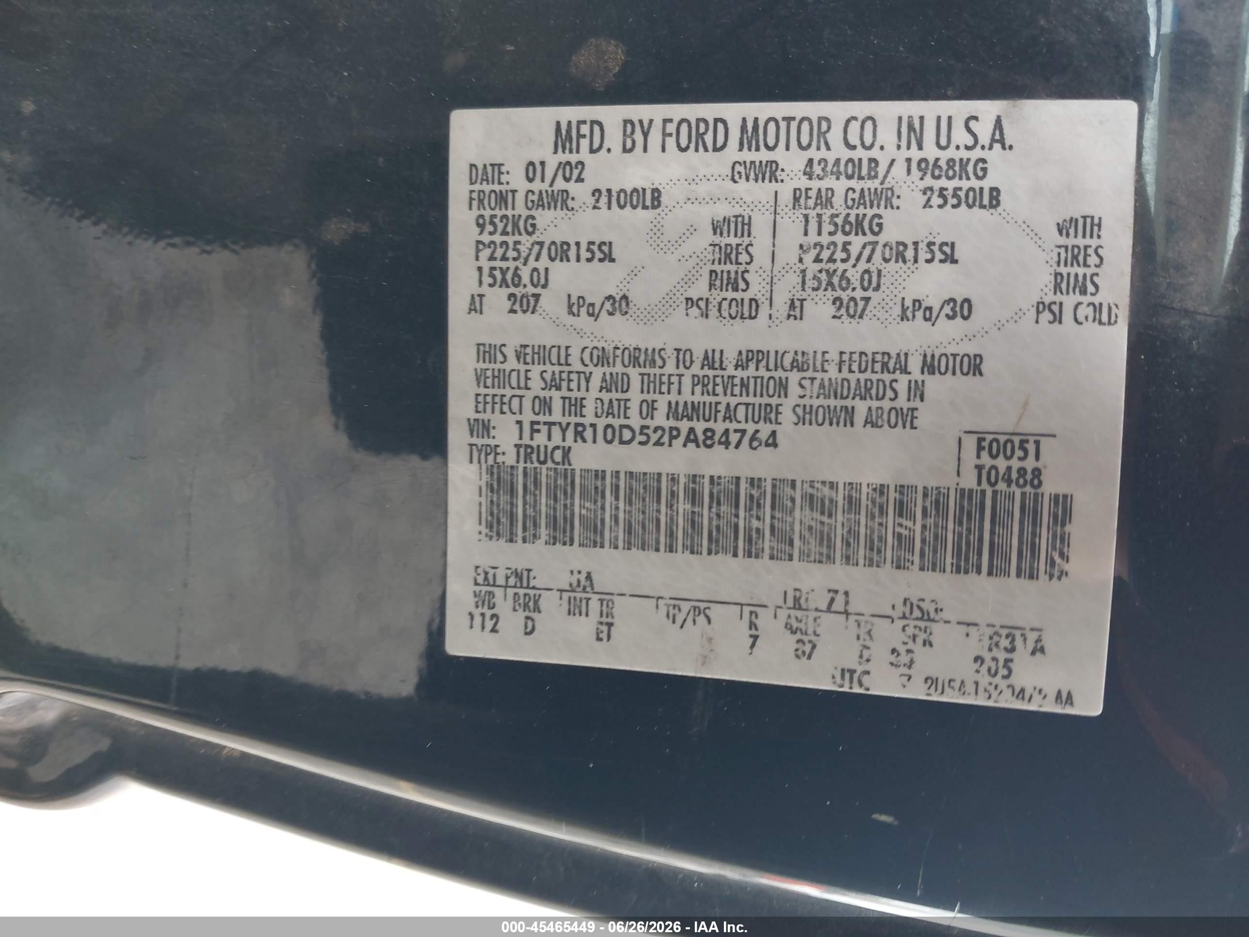 2002 Ford Ranger Xl/xlt Black vin: 1FTYR10D52PA84764