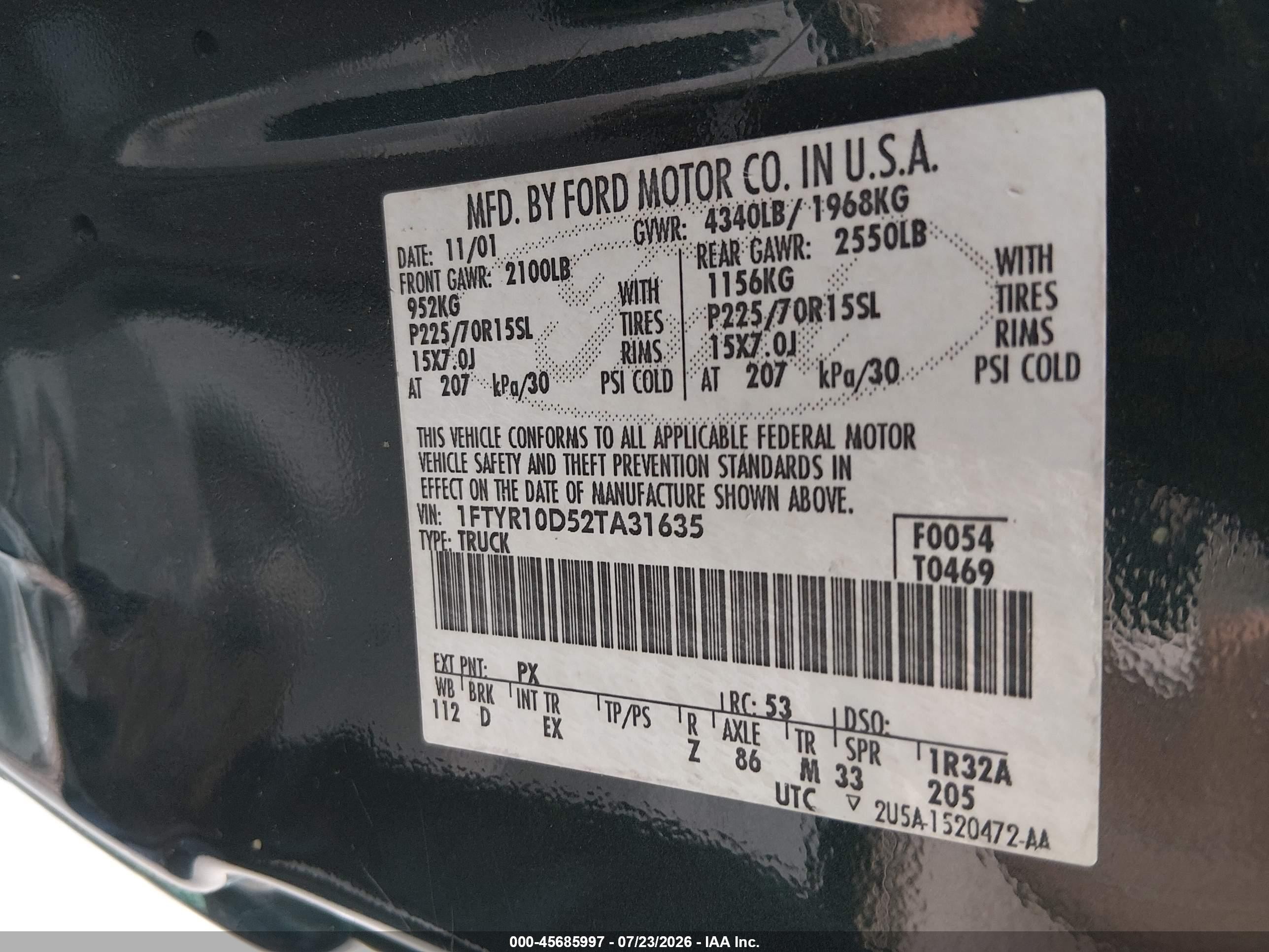 2002 Ford Ranger Xl/xlt Green vin: 1FTYR10D52TA31635