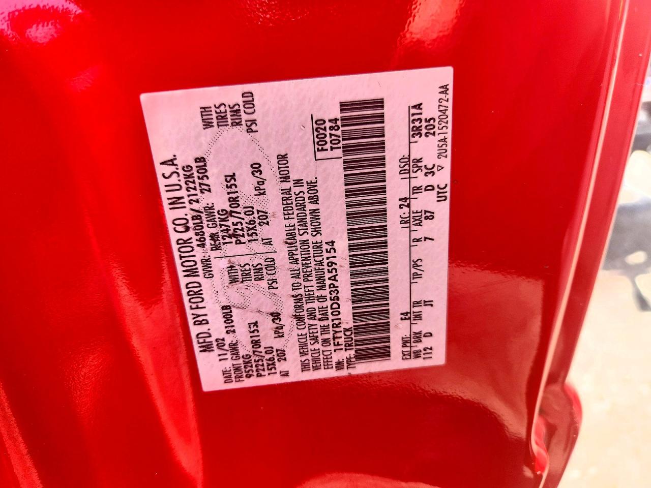 2003 Ford Ranger Red vin: 1FTYR10D53PA59154