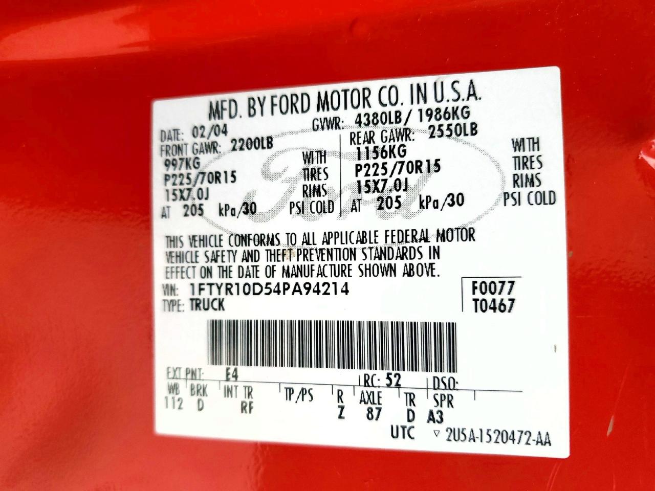 2004 Ford Ranger Red vin: 1FTYR10D54PA94214