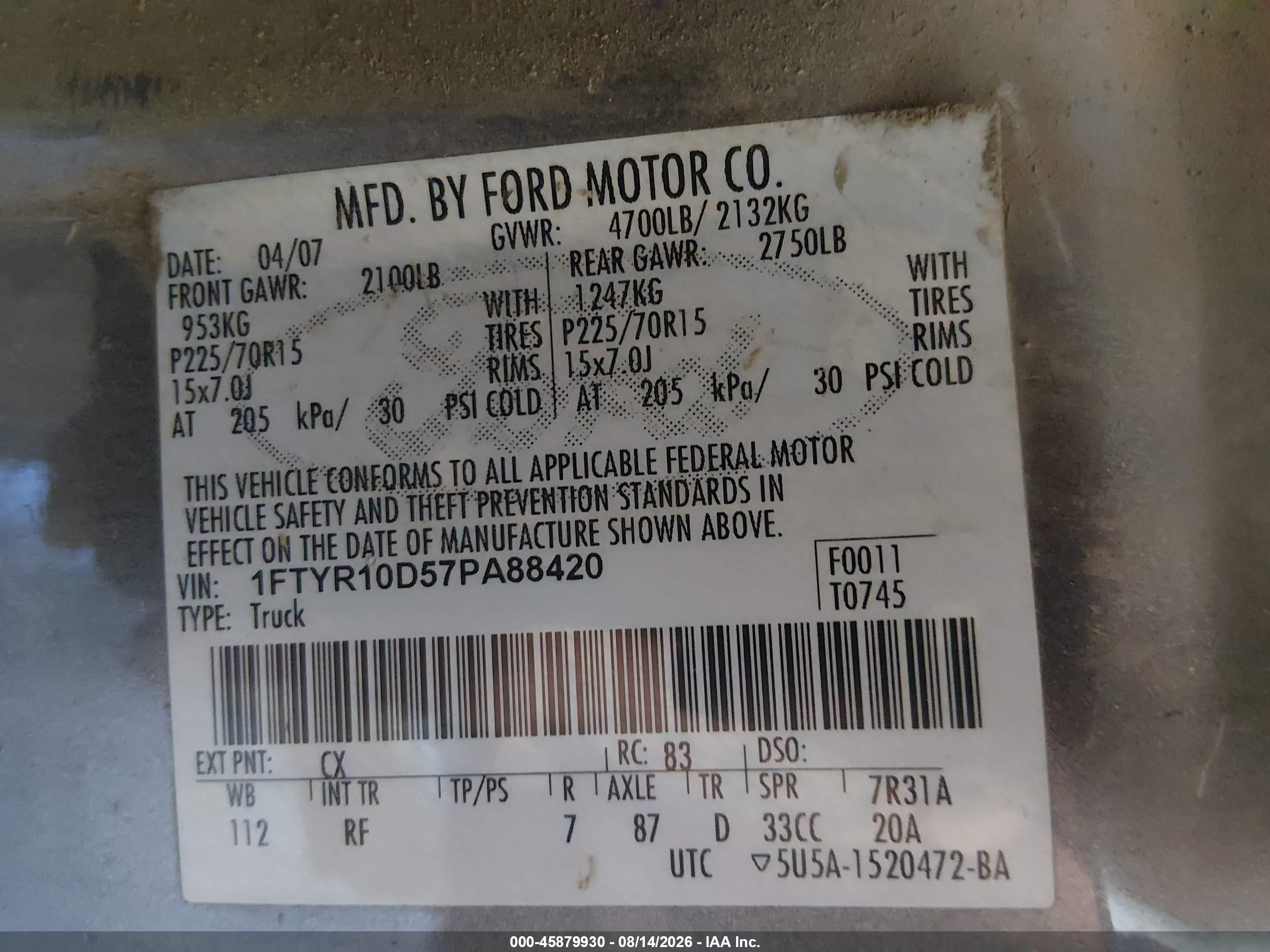 2007 Ford Ranger Stx/xl/xlt Gray vin: 1FTYR10D57PA88420