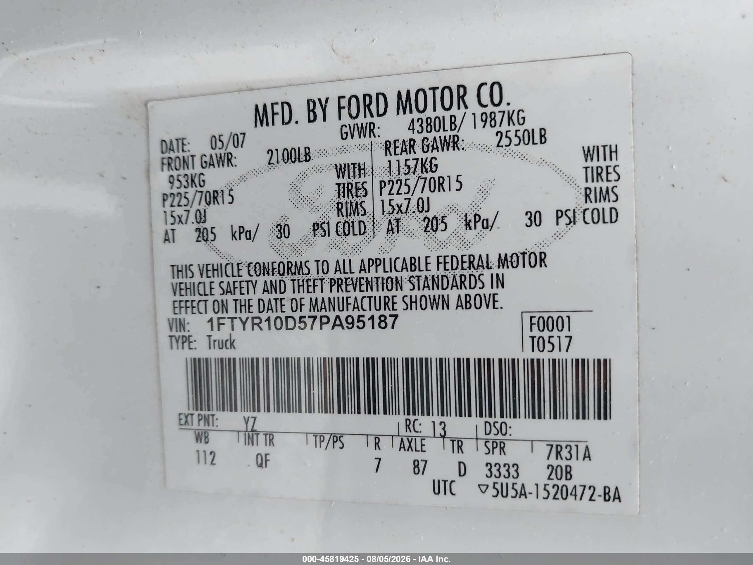 2007 Ford Ranger Stx/xl/xlt Белый vin: 1FTYR10D57PA95187