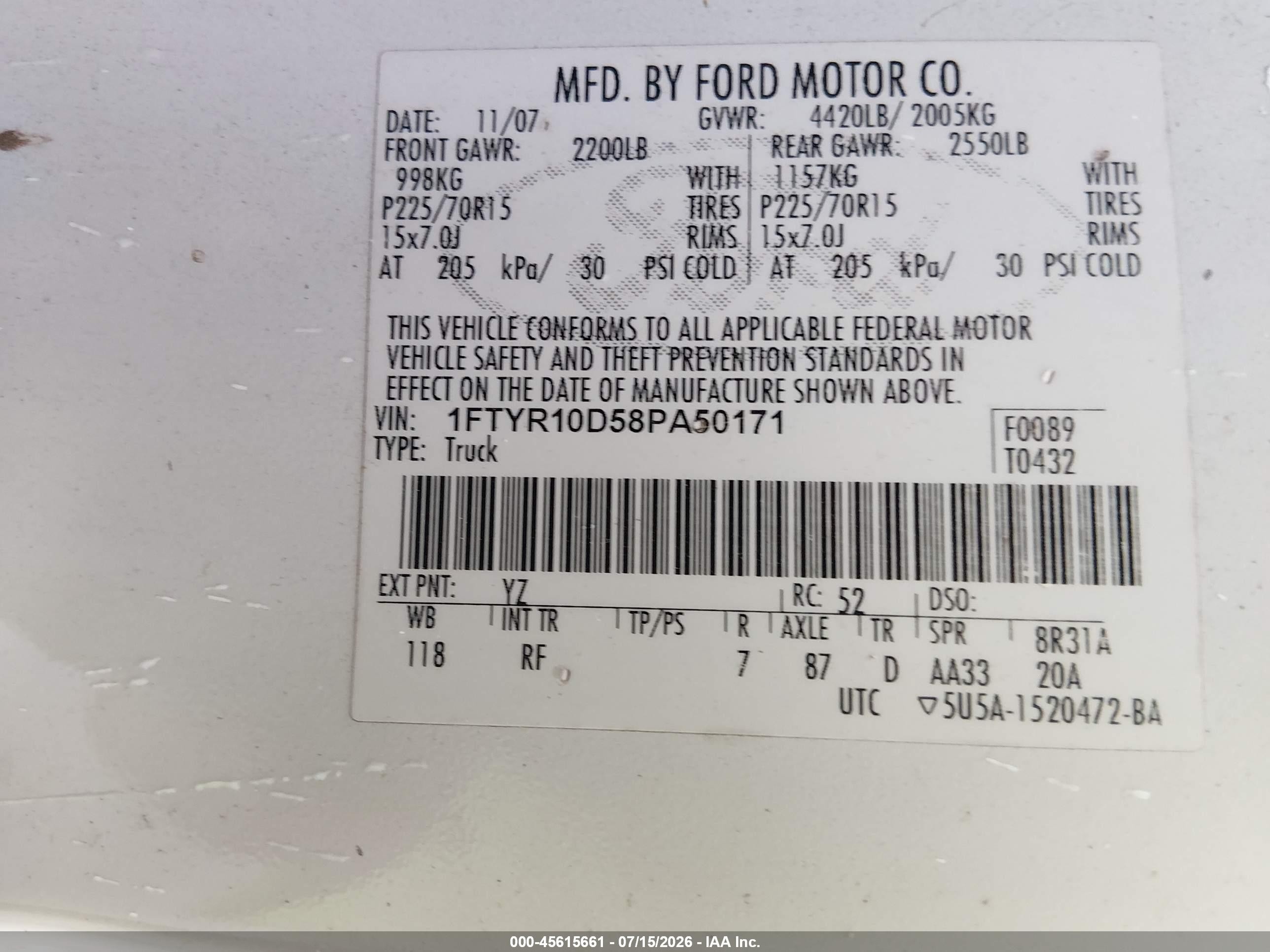 2008 Ford Ranger Xl/xlt White vin: 1FTYR10D58PA50171