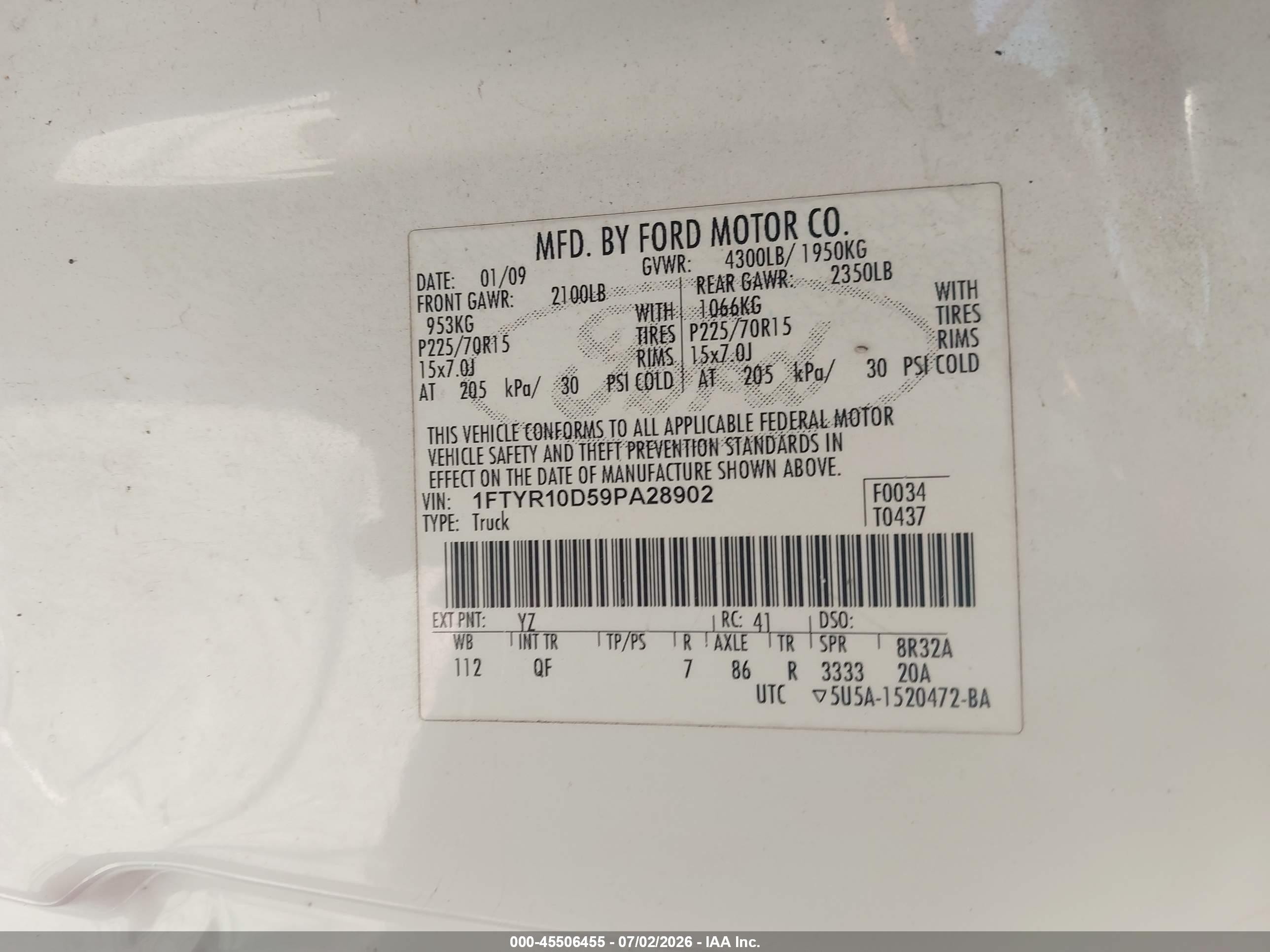 2009 Ford Ranger Sport/xl/xlt White vin: 1FTYR10D59PA28902