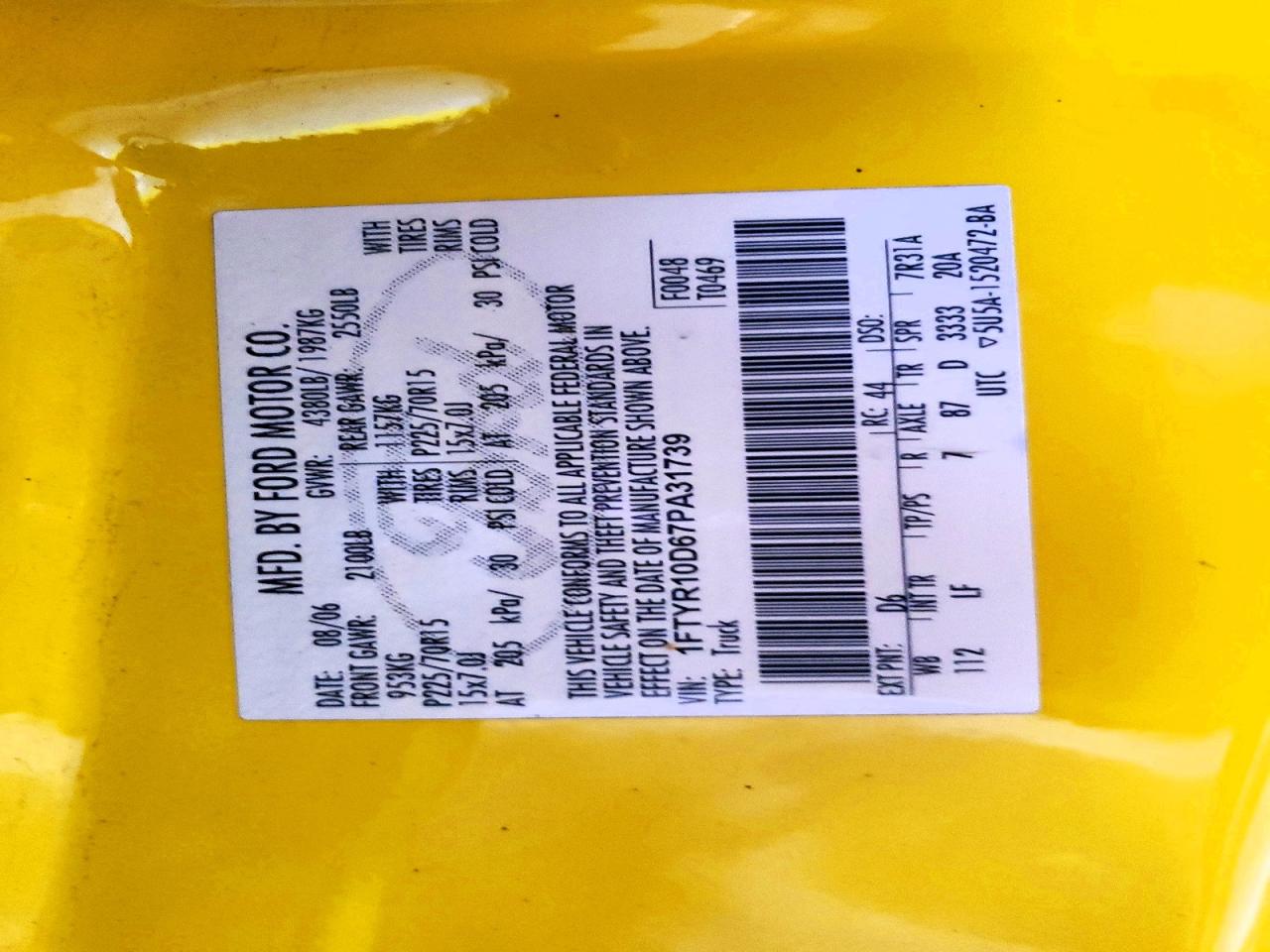 2007 Ford Ranger Yellow vin: 1FTYR10D67PA31739