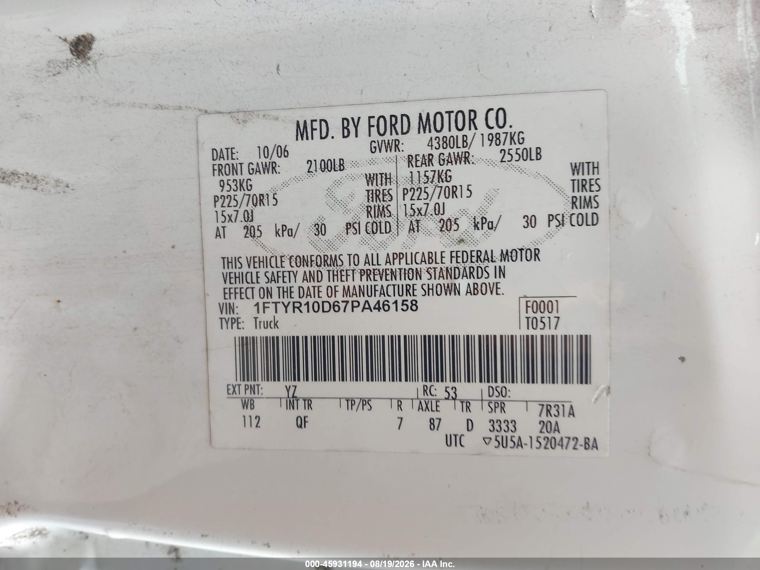 2007 Ford Ranger Stx/xl/xlt White vin: 1FTYR10D67PA46158